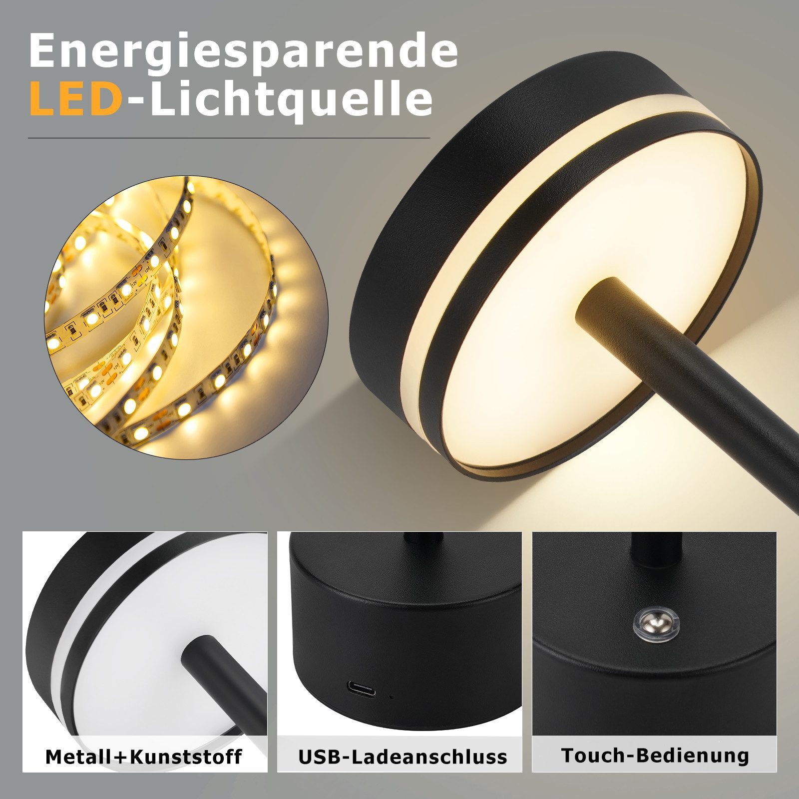 Nettlife LED Tischleuchte Kabellos Akku Aufladbar Nachttischlampe Dimmbar USB C Touch Lampe, Touch Dimmbar, LED fest integriert, Modern Tischlampe für Schlafzim – Bild 3 von 5