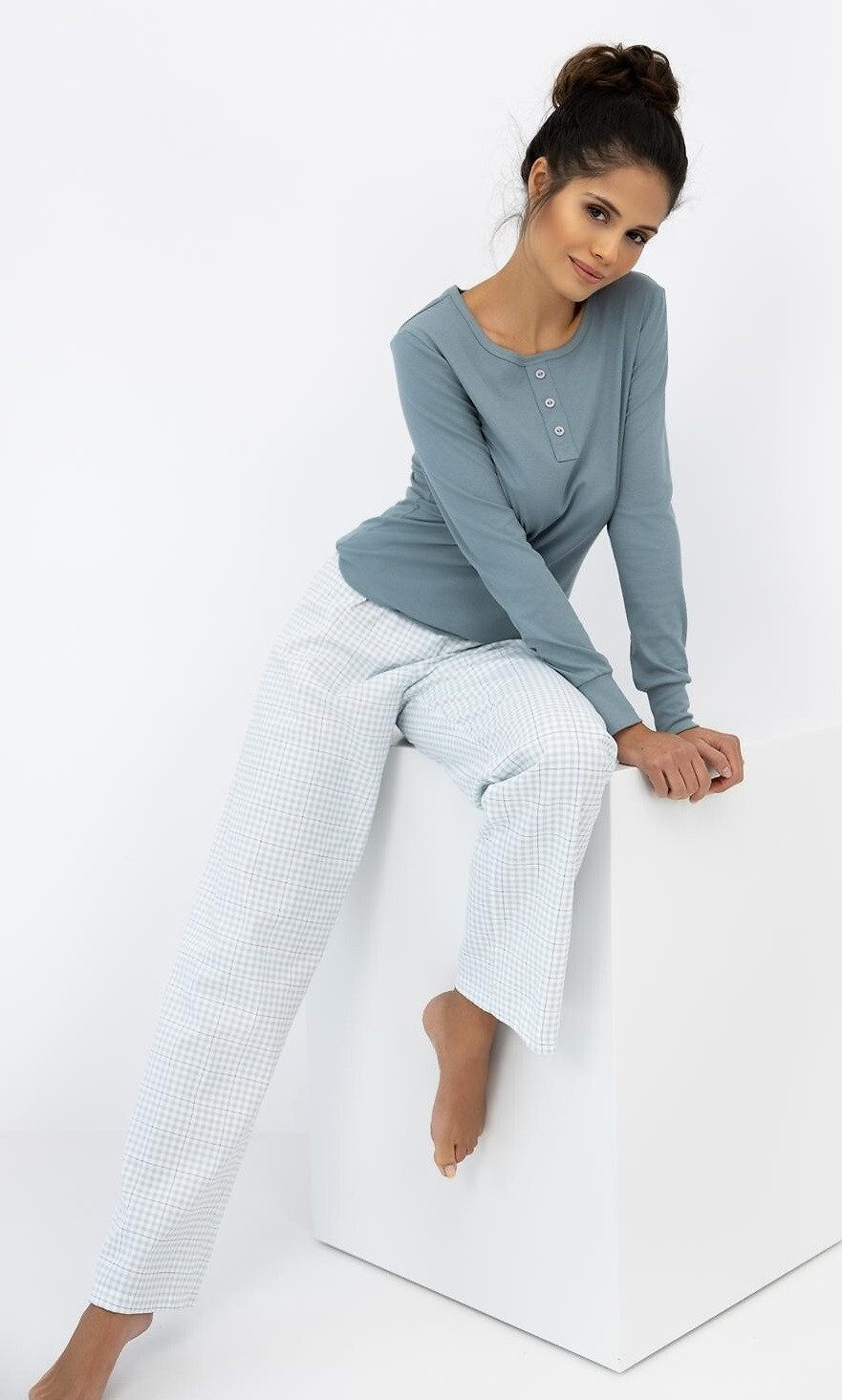 Schlafanzug lang, Pyjama Damen, Hose kariert