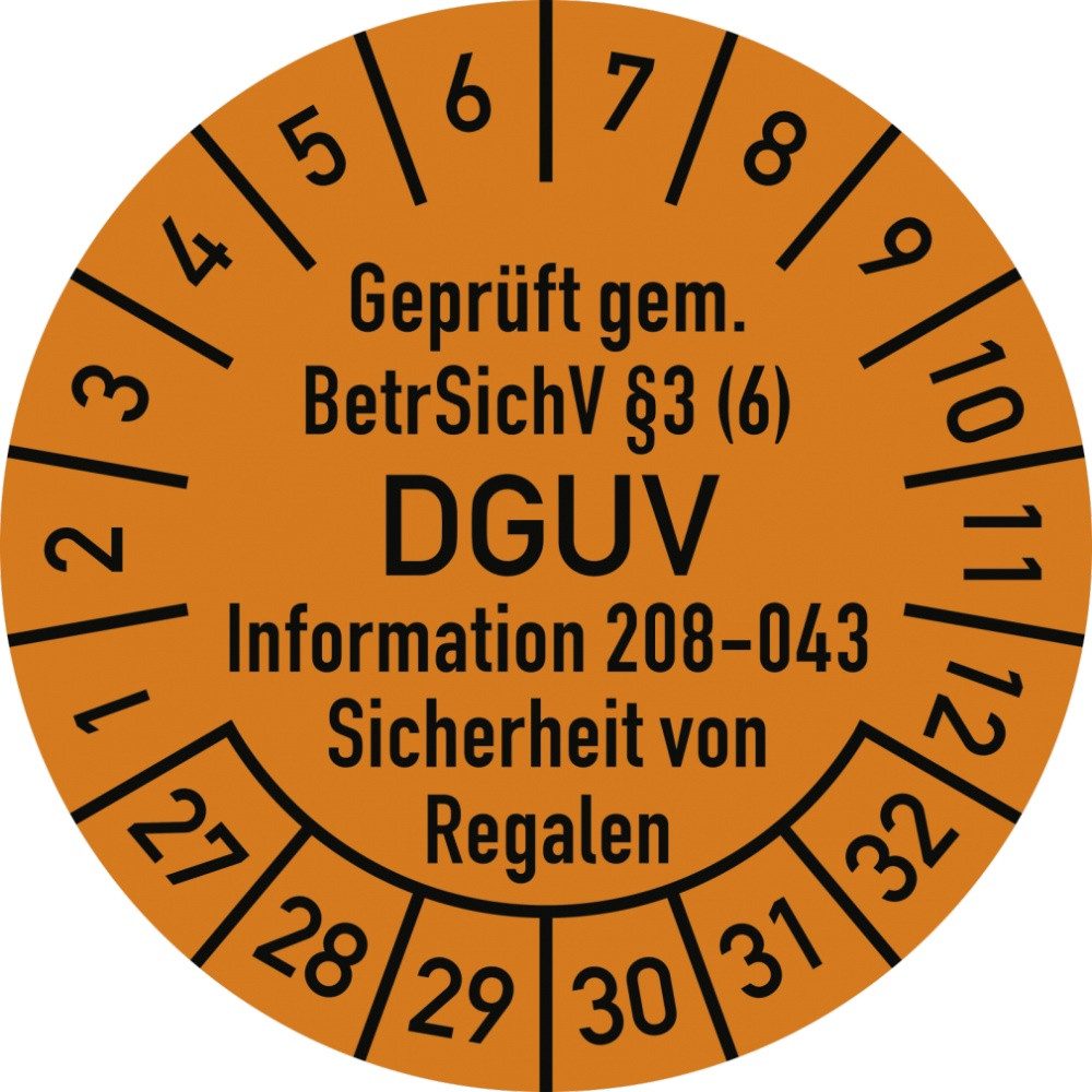 Hinweisschild Prüfplakette BetrSichV §3 (6) DGUV 208-043, 2027-2032, Folie, Ø 30mm