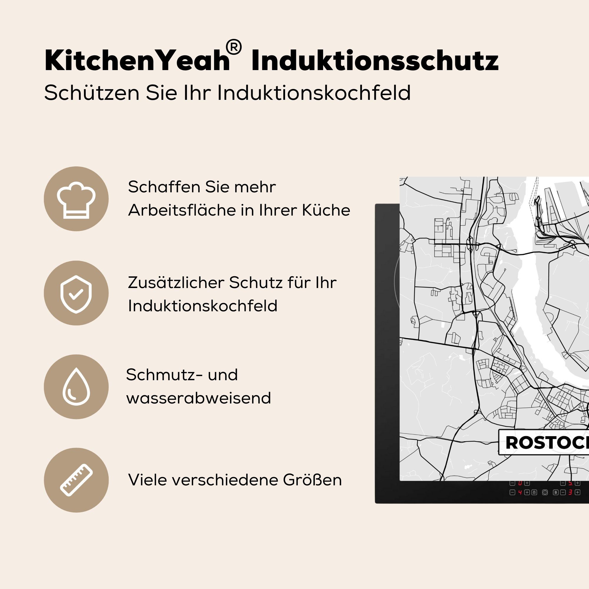 (1 Rostock Arbeitsplatte Deutschland, cm, MuchoWow Karte 78x78 küche - - Vinyl, Karte - für Herdblende-/Abdeckplatte Ceranfeldabdeckung, tlg),