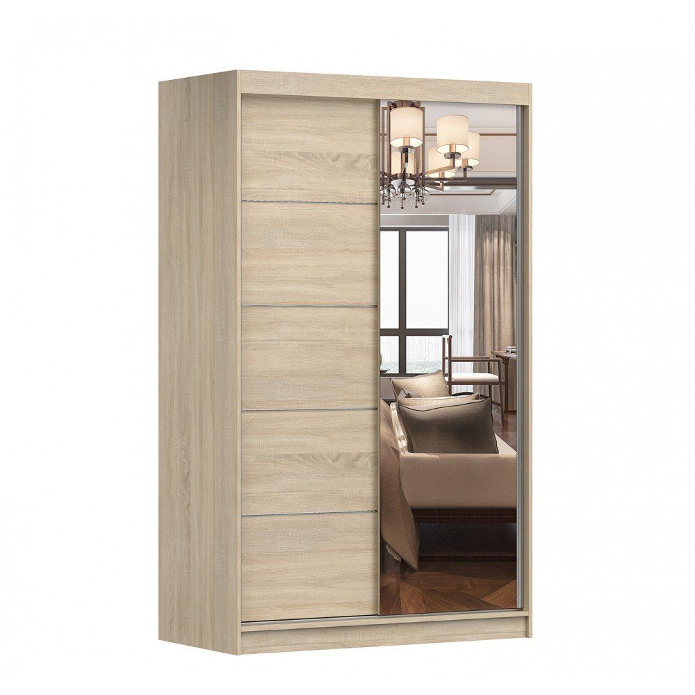 MOEBLO Kleiderschrank NOAH 05 (mit Spiegel Schwebetürenschrank 2-türig Schrank mit vielen Einlegeböden und Kleiderstange, Gaderobe Schiebtüren Schlafzimmer-Wohnzimmerschrank Modern Design), (BxHxT): 120x200x61 cm Sonoma