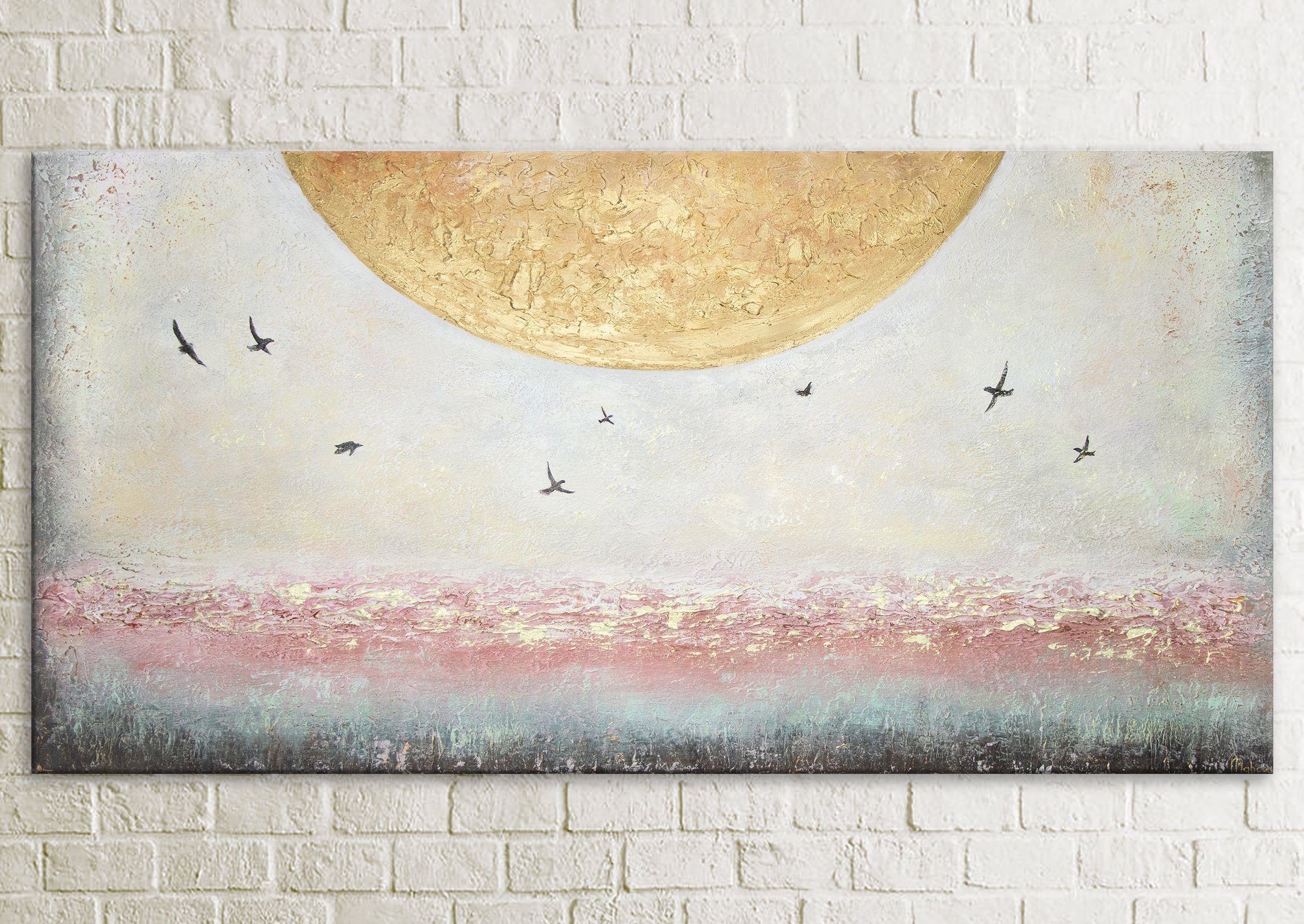 YS-Art Gemälde Sonnenenergie, Landschaft, Gold Schattenfugenrahmen Vögel Bild Süden Handgemalt Sonne Leinwand Ohne