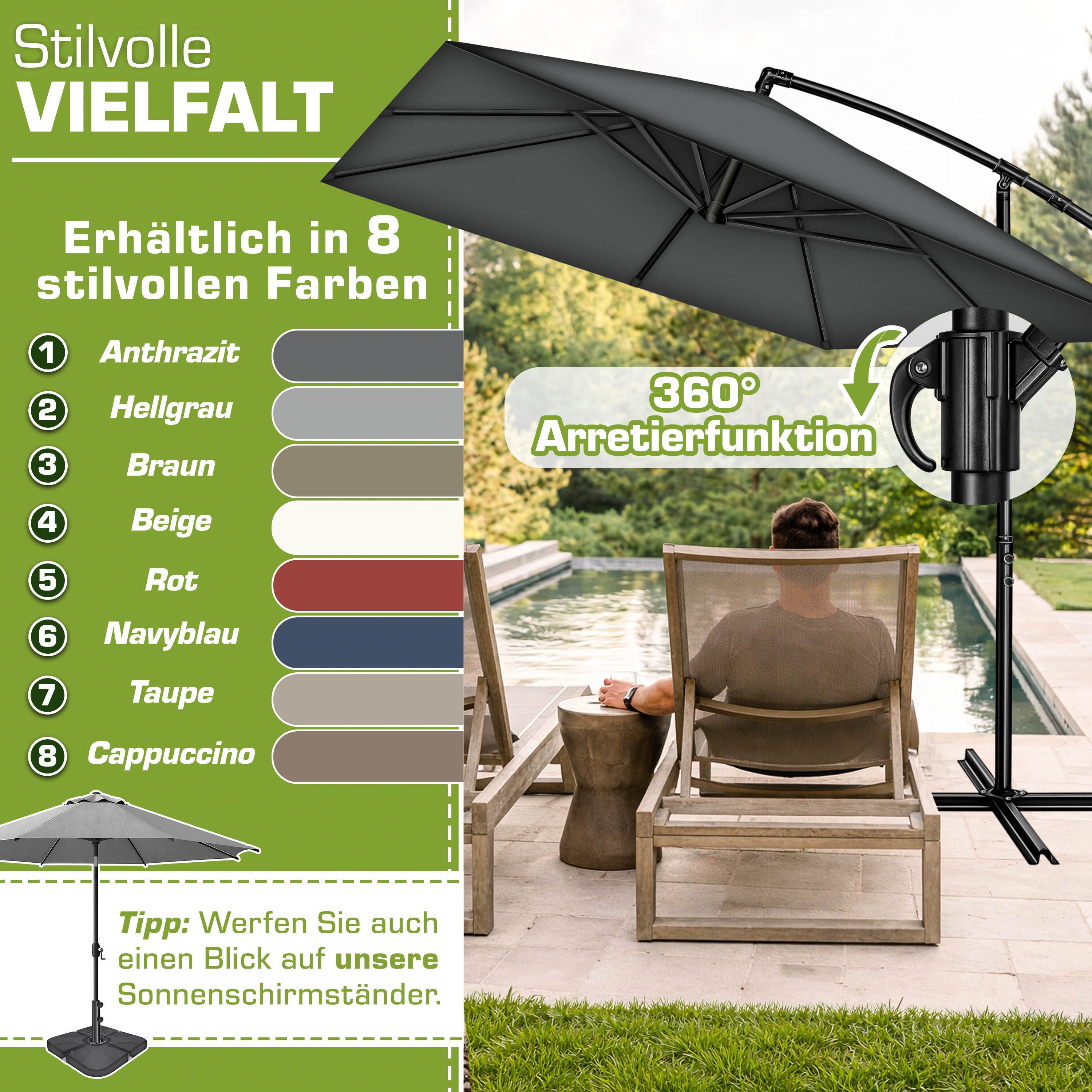 tillvex Sonnenschirm tillvex® Sonnenschirm eckig 235 x 235 cm Ampelschirm Gartenschirm, Kurbelschirm Marktschirm wasserdicht 360° drehbar, mit Kurbel & Windschu – Bild 5 von 5