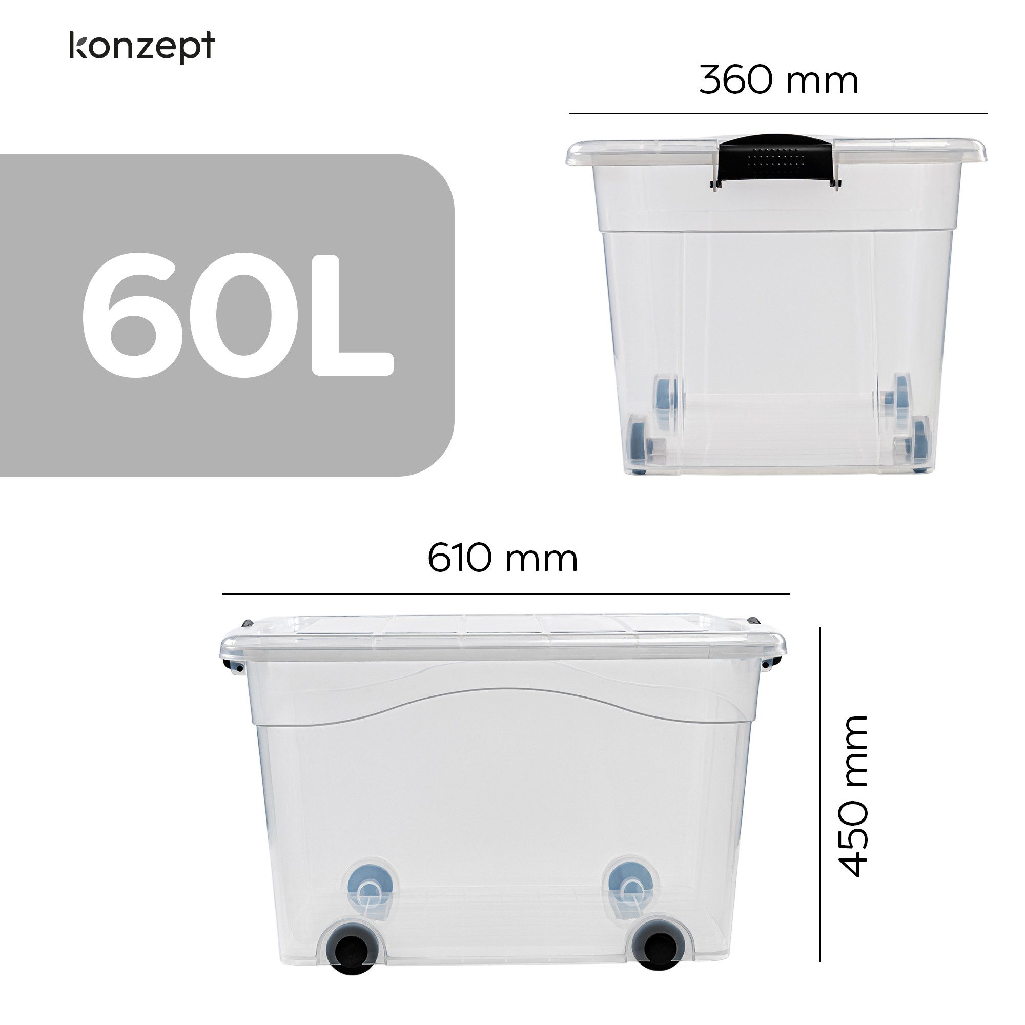 KONZEPT Aufbewahrungsbox Kunststoffbox mit Deckel 60L Transparent Stapelbox mit Rollen, für Kleidung, Bettwäsche, Spielsachen, Küchenutensilien – Bild 3 von 5