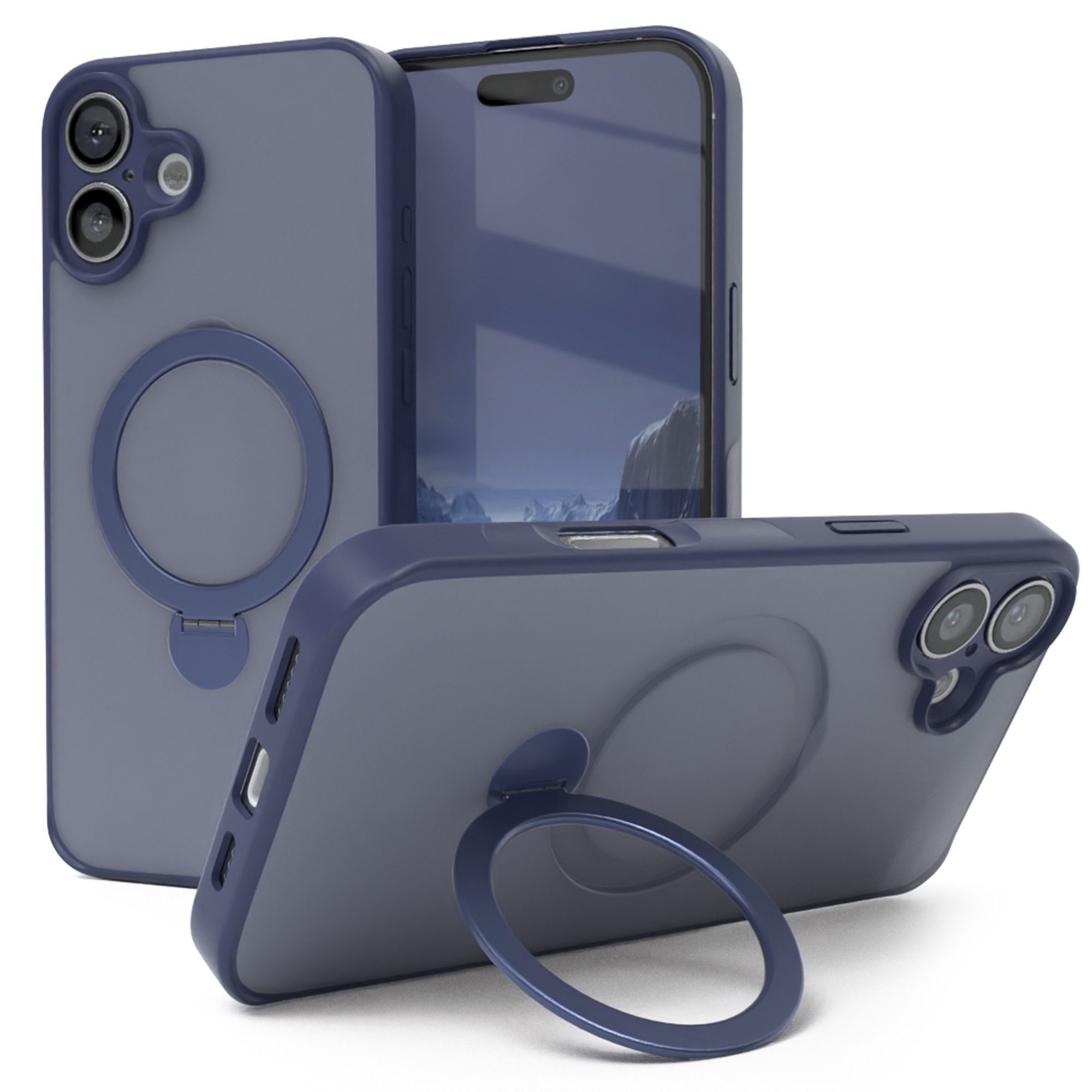 EAZY CASE Handyhülle Outdoor iPhone 16 Plus Case MagSafe Rotation Ring 6,7 Zoll, Outdoor Handy Hülle Etui Schutzhülle Slim mit Kameraschutz Blau