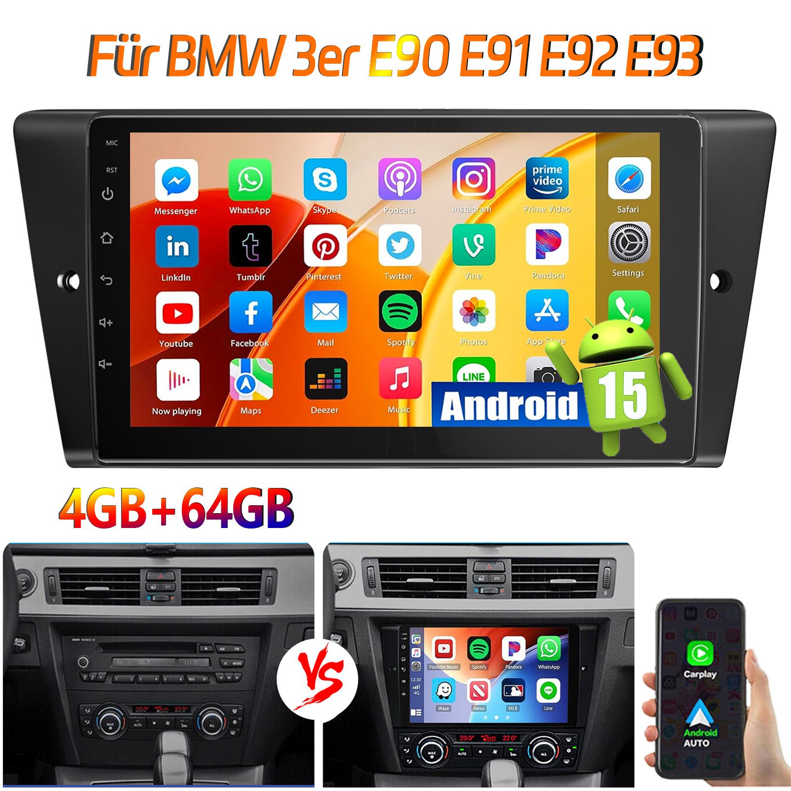 ESSGOO DAB+ Für BMW 3er E90 E91 E92 E93 9'' Carplay Android15 GPS WIFI BT Autoradio (RDS, 4+64GB(optional), DAB (optional), FM, AM, DAB+ (optional), Carplay Android Auto Bluetooth EQ USB GPS Navi WIFI Touchscreen)