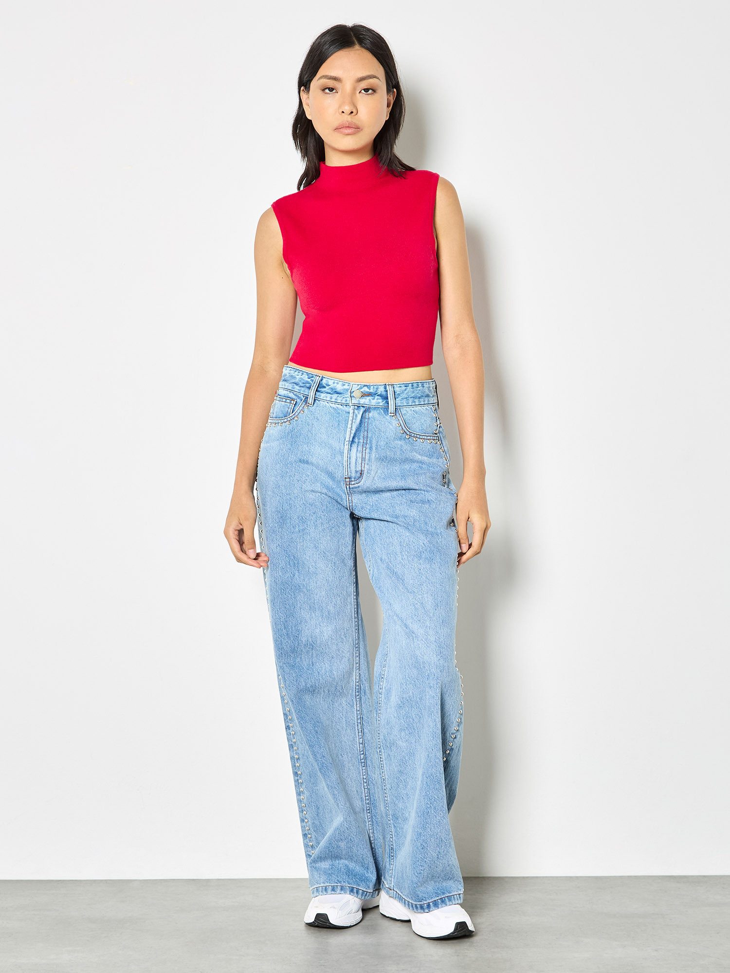 Apricot Crop-Top Hochgeschlossenes Strick-Crop-Top in unifarben
