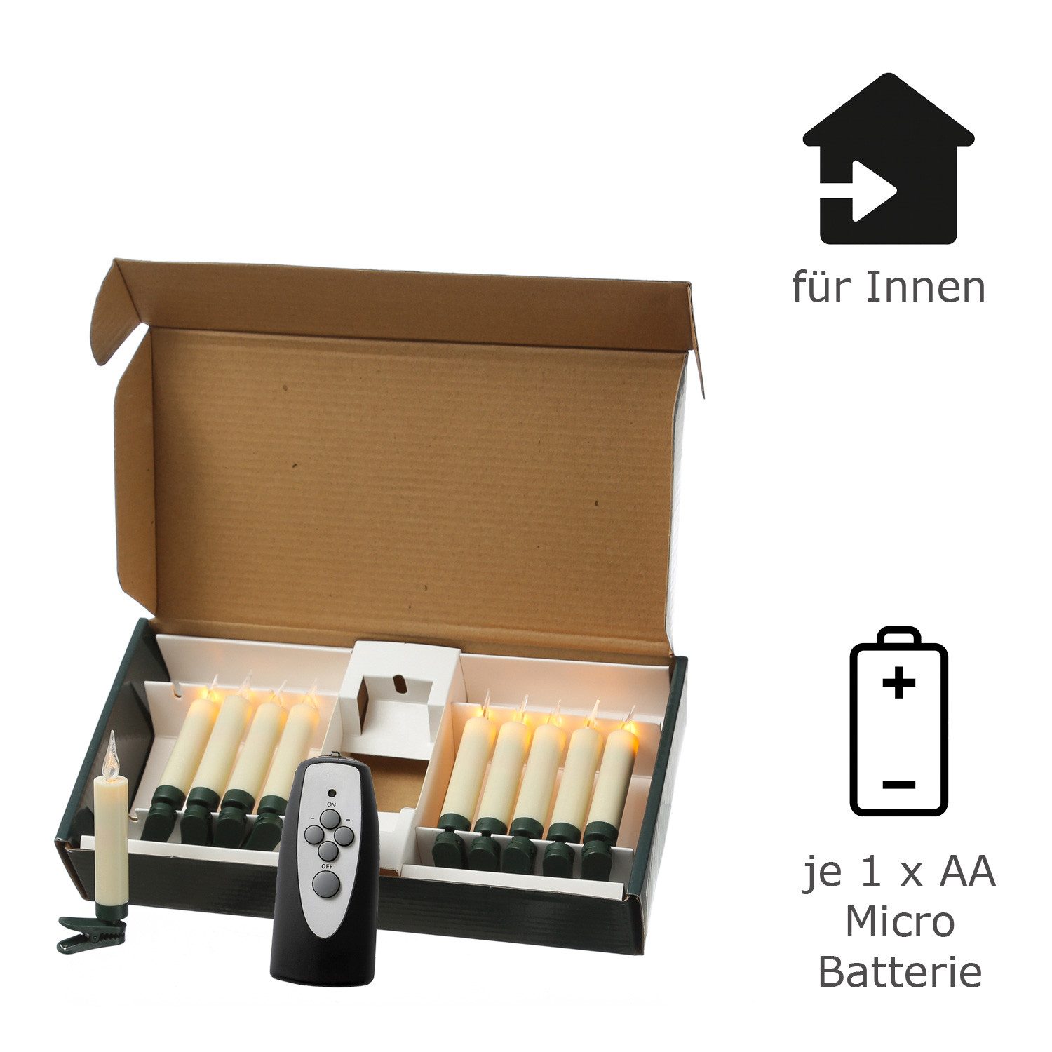 MARELIDA LED-Christbaumkerzen Baumkerzen mit Clip 10 Weihnachtskerzen Baumbeleuchtung kabellos Fernb, 10-flammig