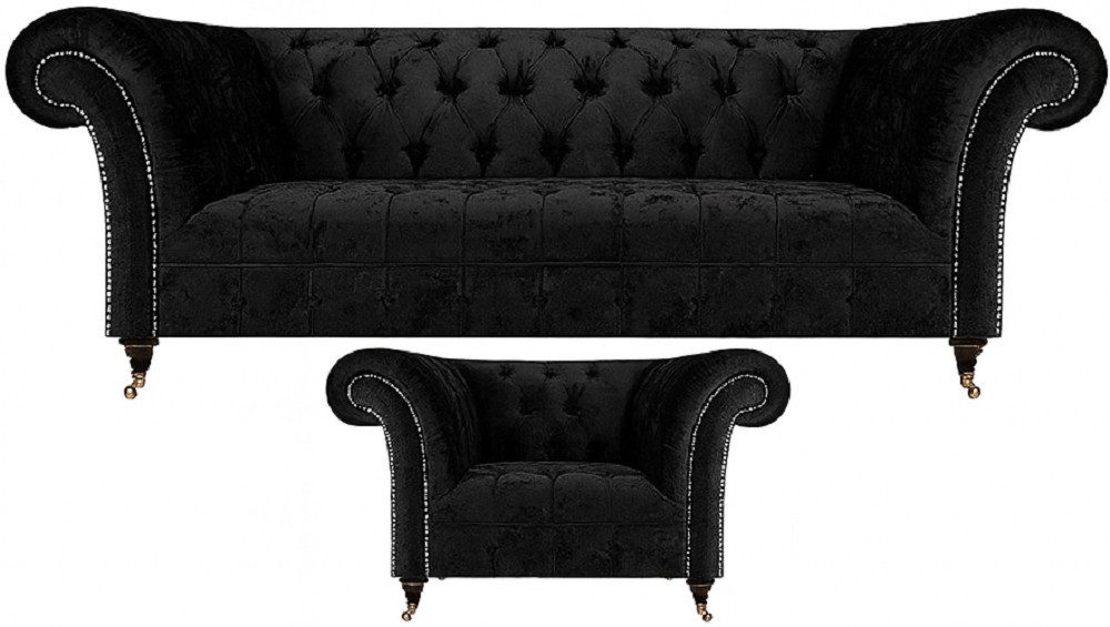 Xlmoebel Chesterfield-Sofa Schwarzes Chesterfield-Sofa-Set für luxuriöse Wohnzimmerausstattung, 2 Teile, Hergestellt in Europa