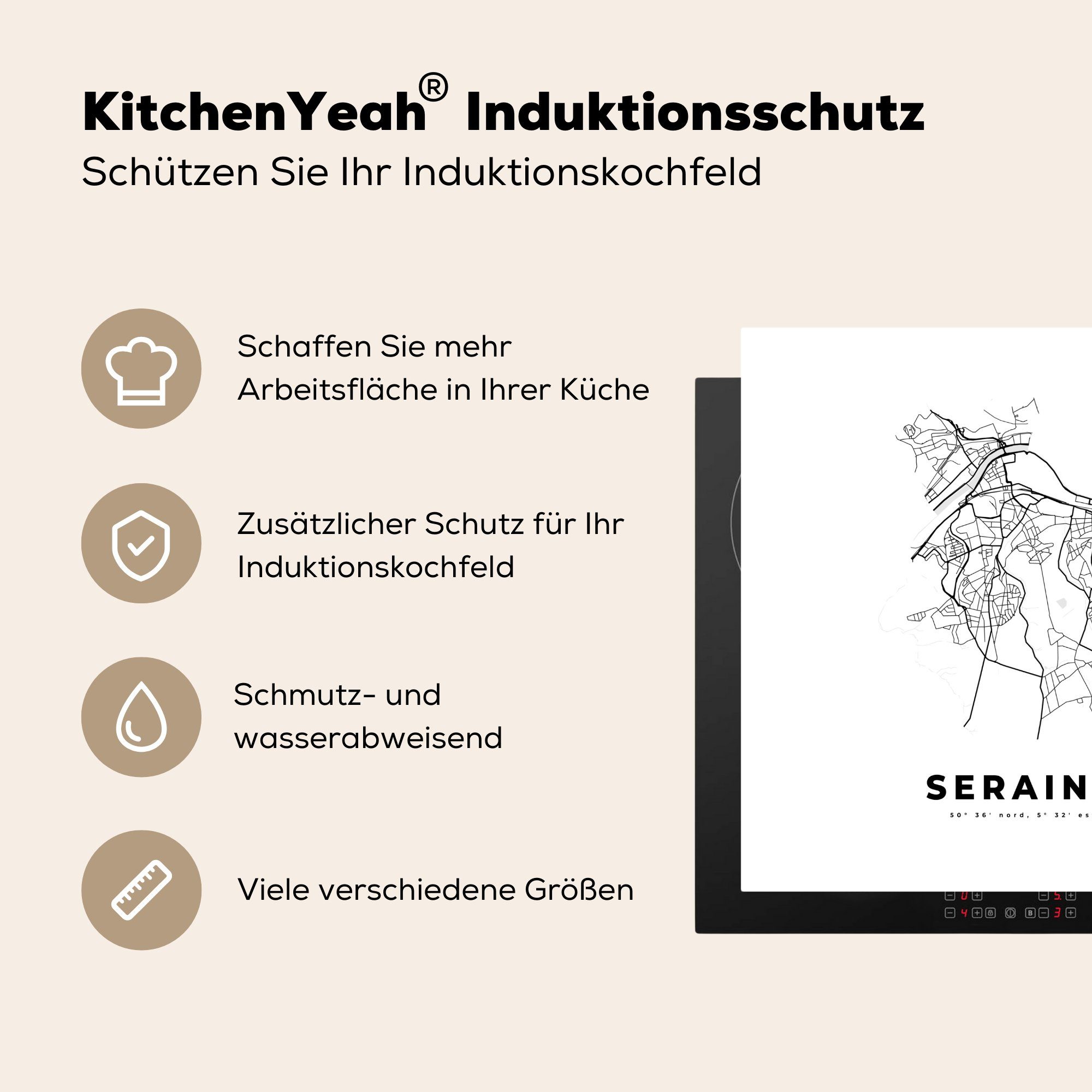 MuchoWow Herdblende-/Abdeckplatte Karte - Stadtplan Vinyl, cm, 78x78 - Ceranfeldabdeckung, tlg), (1 - - küche Arbeitsplatte und Belgien weiß, Schwarz Seraing für