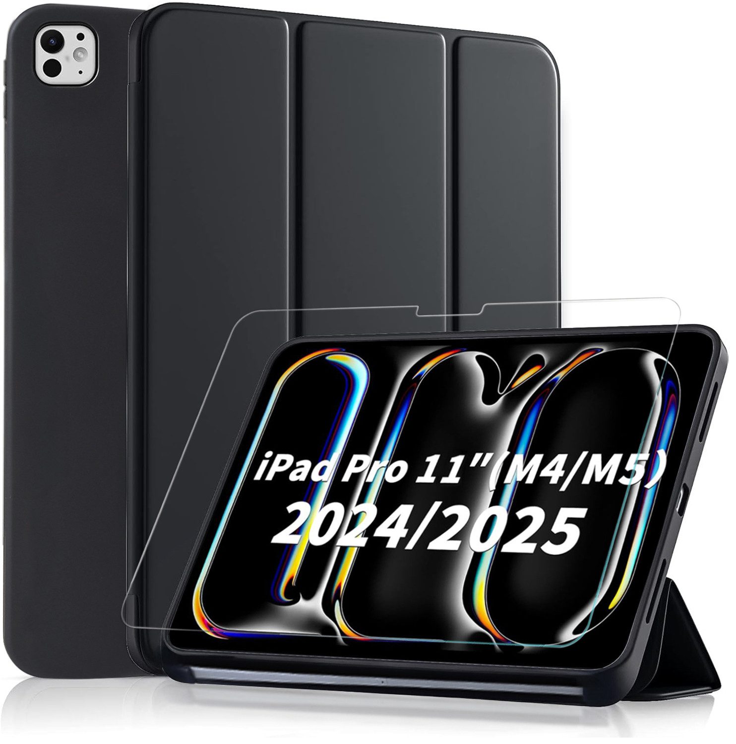 CLM-Tech Tablet-Hülle + Panzerfolie für iPad Pro M5 / M4 (2025/2024) 11 Zoll, Standfunktion, Magnetverschluss, Auto Schlaf/Wach Funktion