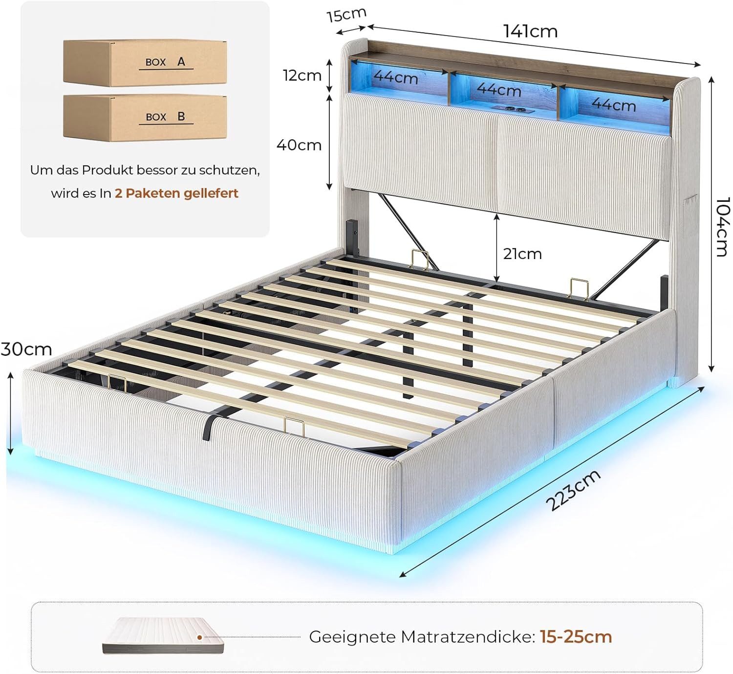 MSMASK Polsterbett Hydraulisches Stauraumbett mit LED Beleuchtung und Steckdosen (1-tlg., Ohne Matratze), Jugendbett mit Stauraum Kopfteil, 140x200cm – Bild 2 von 5