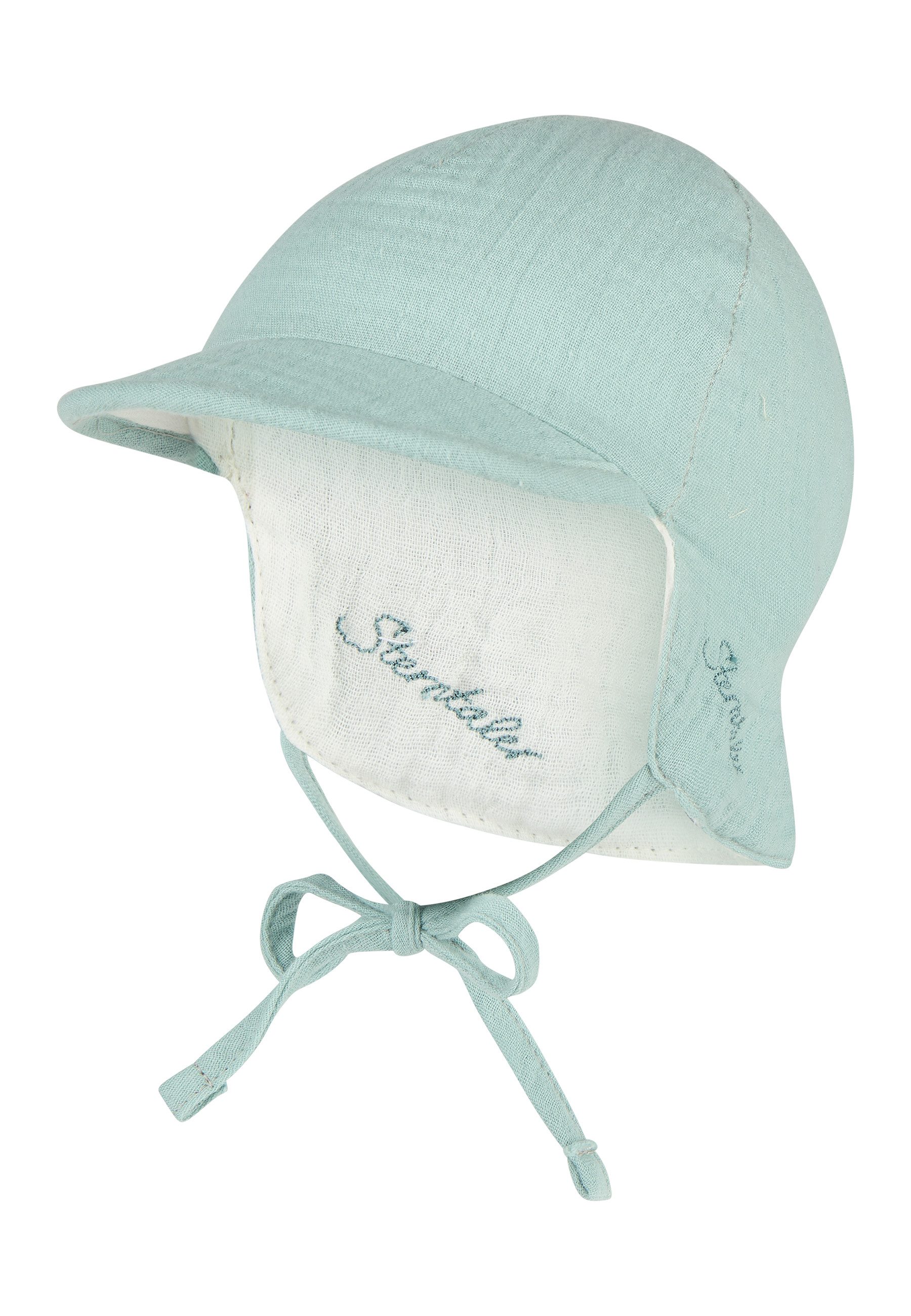 Sterntaler® Schirmmütze 50 Wende-Schirmmütze Musselin (1-St) Musselin Wendemütze mit Nackenschutz, Bindeband, Ohrenklappen u. UV-50