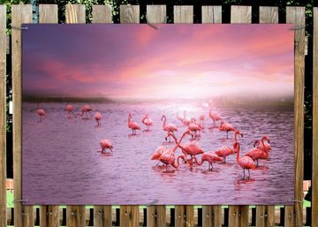 Wallario Sichtschutzzaunmatten Rosa Flamingos bei Sonnenuntergang