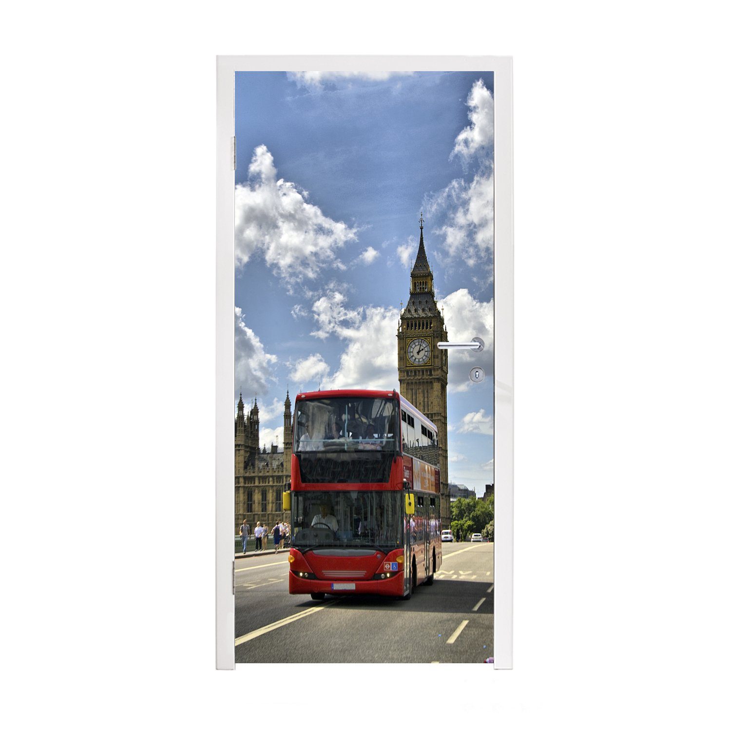 mitten 75x205 Bus roter Tür, cm Matt, Türaufkleber, MuchoWow Ein Türtapete London, für in Fototapete (1 St), bedruckt,