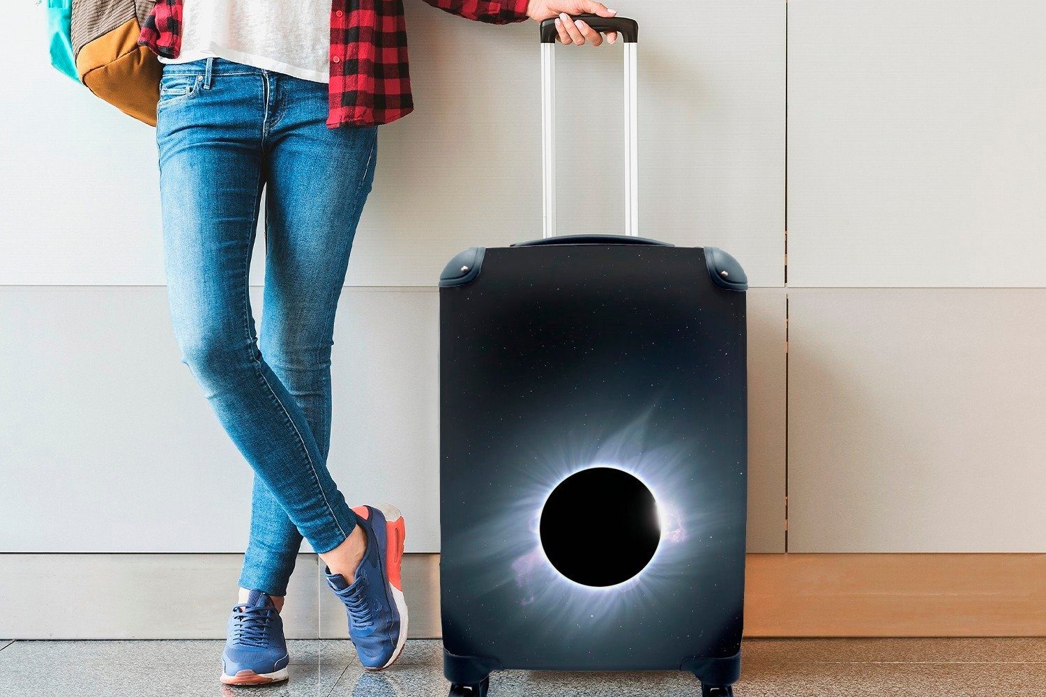 Ferien, Handgepäckkoffer Trolley, für Sonnenfinsternis MuchoWow Reisetasche 4 einer Reisekoffer Rollen, rollen, mit Illustration Handgepäck mit Sonneneruptionen,