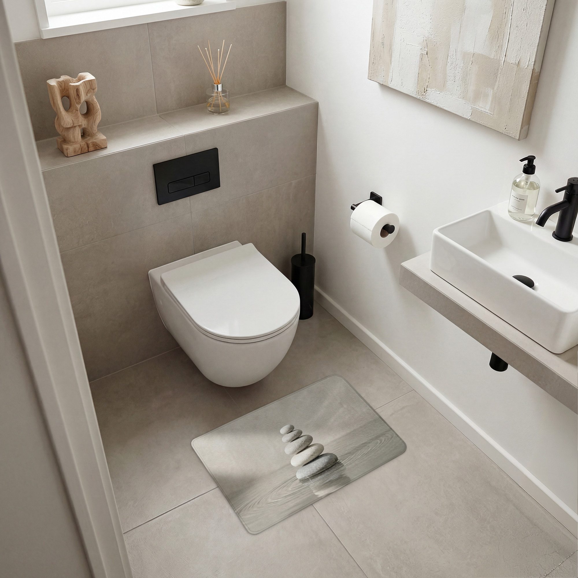 OnlyWow WC-Vorleger Steine - Wasser - Grau, Höhe 10 mm, Polyester, Rechteckig, WC Teppich, Toilettenvorleger, Toilettenteppich, Badematte 60x40 cm