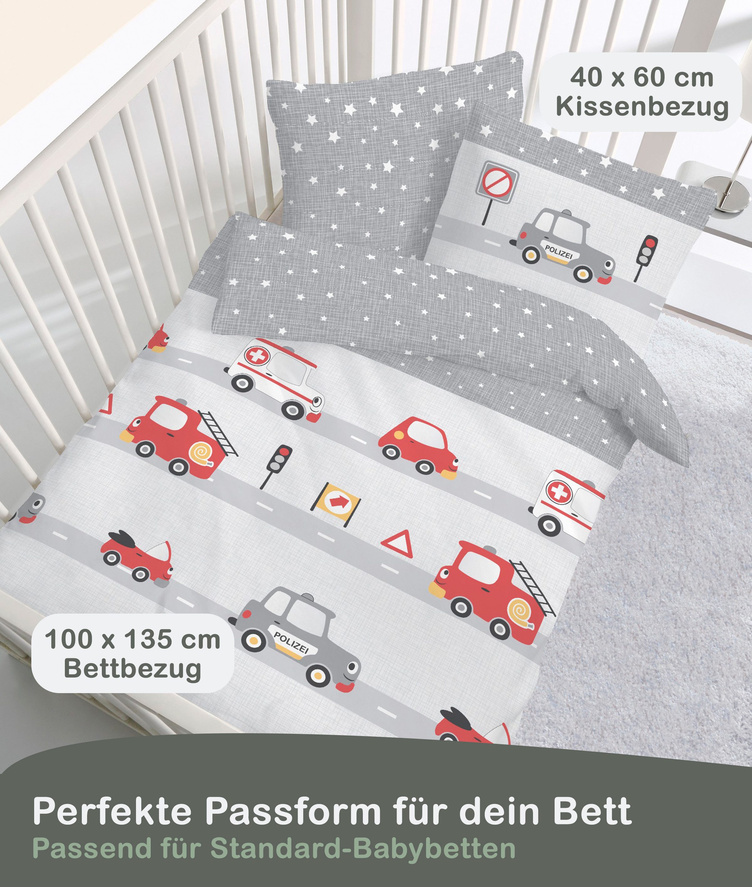 LINKHOFF Babybettwäsche Kinderbettwäsche 100x135cm Polizei-Feuerwehr Rot/Si günstig online kaufen