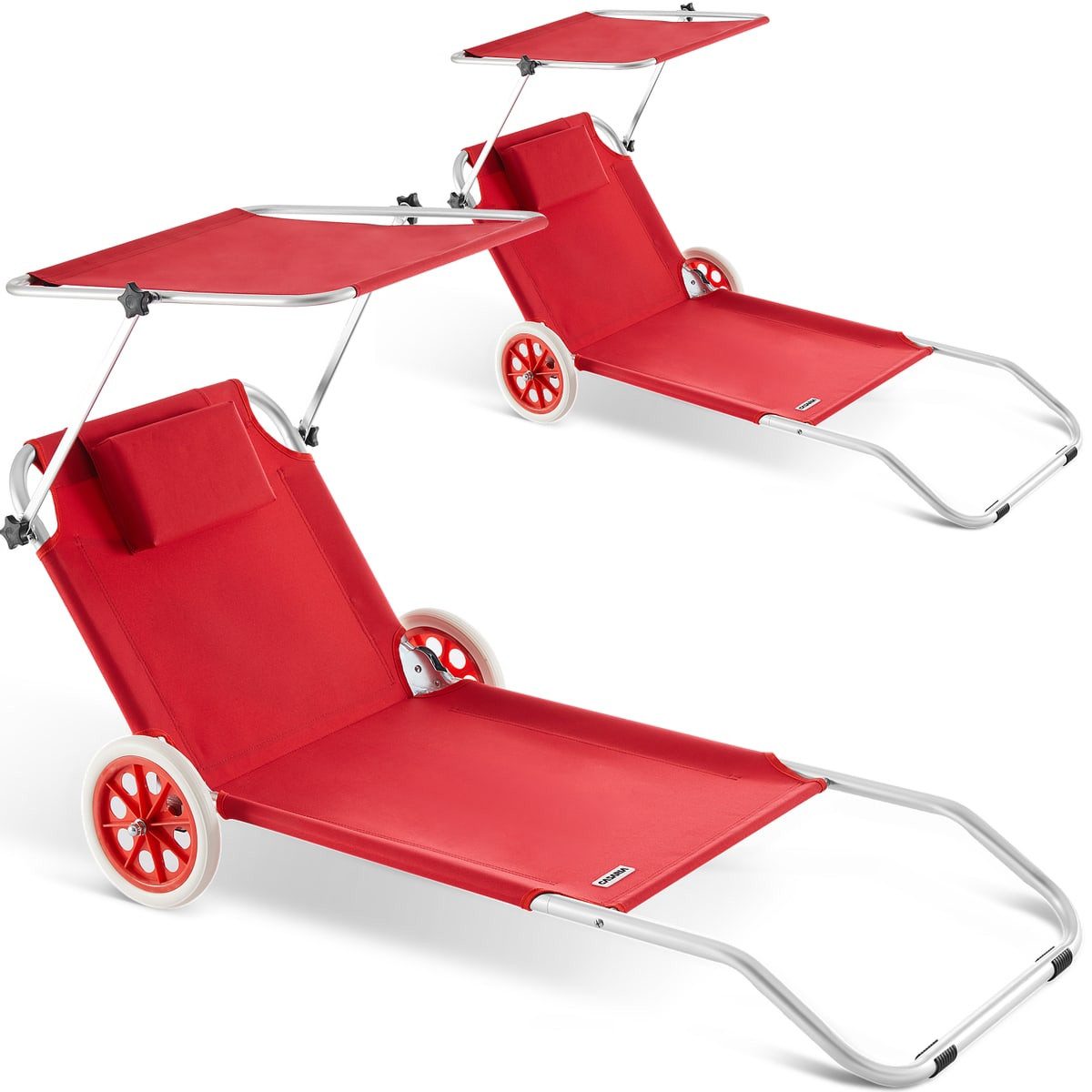 Casaria Gartenliege, 2er Set Klappbar Räder & Sonnendach Verstellbar Garten Strandliege