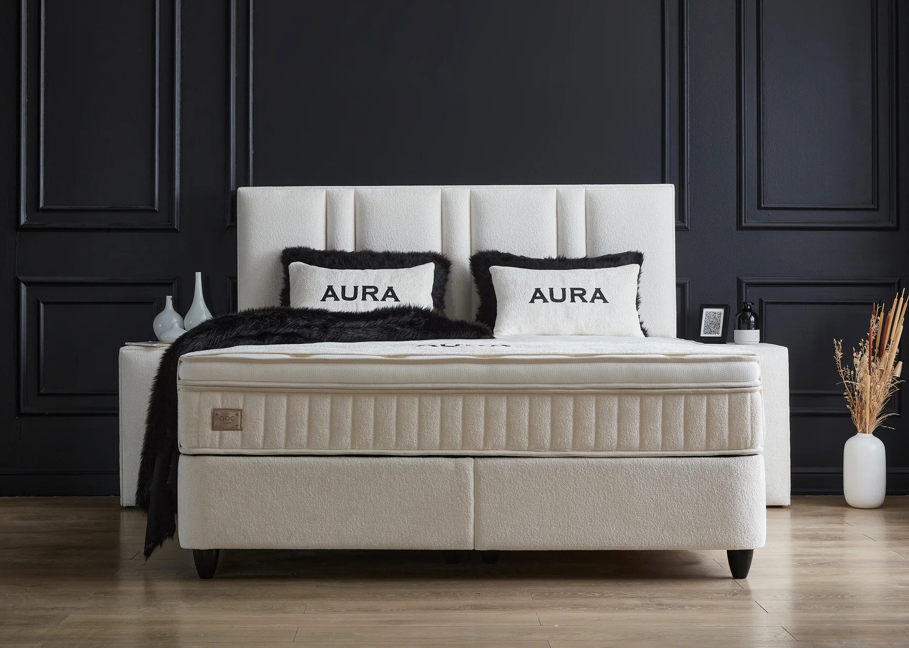 abc bedding Boxspringbett Komfortbett AURA mit stilvollem Samtbezug in weiß, Voll-orthopädisches Schlafsystem inklusive Bettkasten