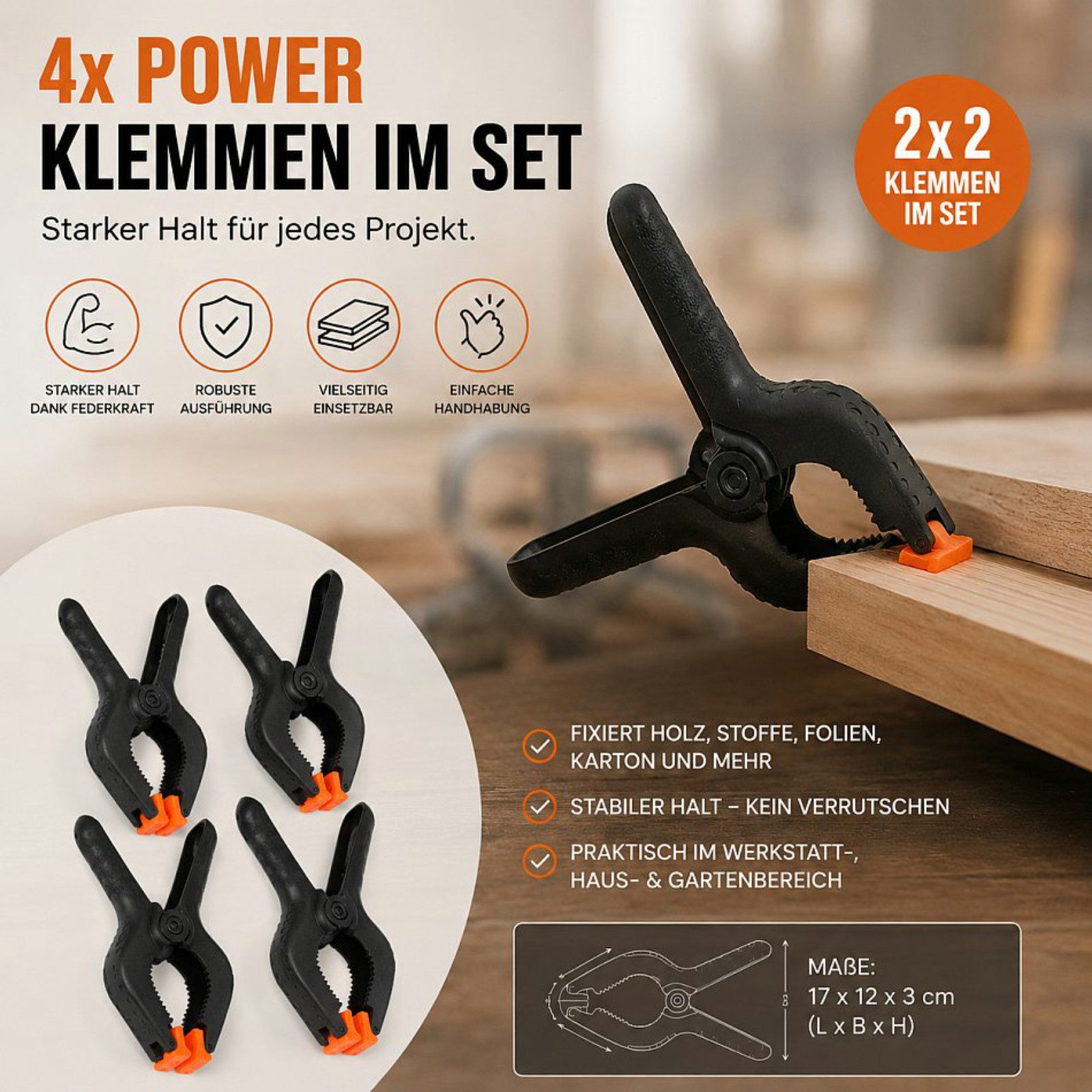 Koopman Klemmzwinge Federklemmzwinge Federklemmen Kunststoff Schwarz 4er Set, (Set, 4 St., Packung), 4tlg, Ergonomischer Griff, Spannweite 60mm, Starke Federkraft