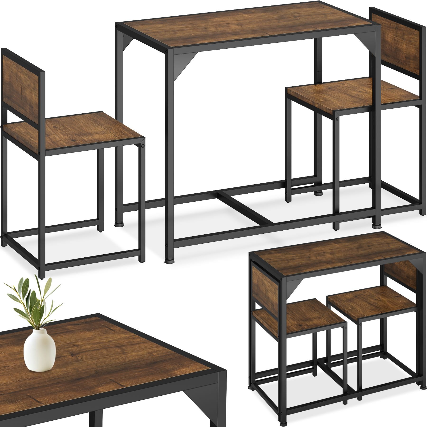 tectake Sitzgruppe Essgruppe 3-teilig, mit höhenverstellbaren Kunststofffüßen, (Loungeset Milton, 3-tlg., in Industrial Holz dunkel, rustikal), Esstisch mit 2 Stühlen, Industrial Style, Holz und Stahl
