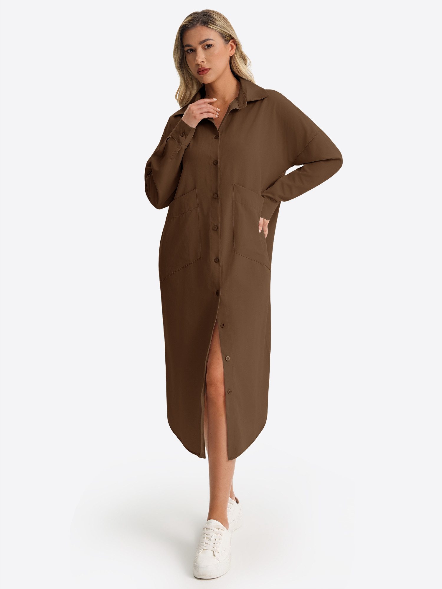 Imily Bela O-Linien-Kleid Damen Langarm Hemdblusenkleid mit Kragen und großen Taschen (Packung, 1-tlg., 1per-Pack) Hemdblusenkleid