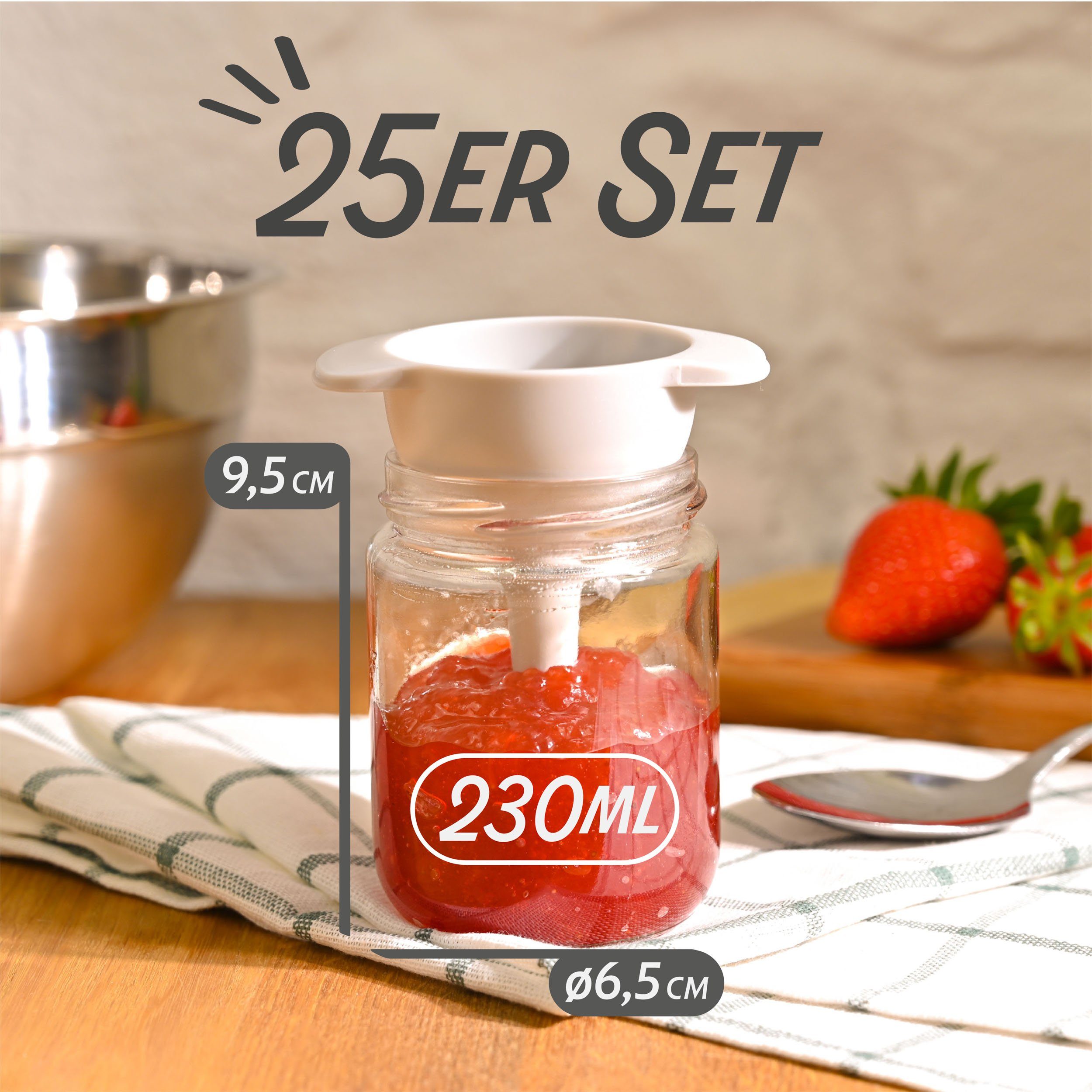 Praknu 25 - Praknu 230 Einmachglas Schwarz, (Set, Glas, Etiketten und mit verschenken Marmeladengläser zum ml 25-tlg), Deckel Luftdichte Einmachgläser