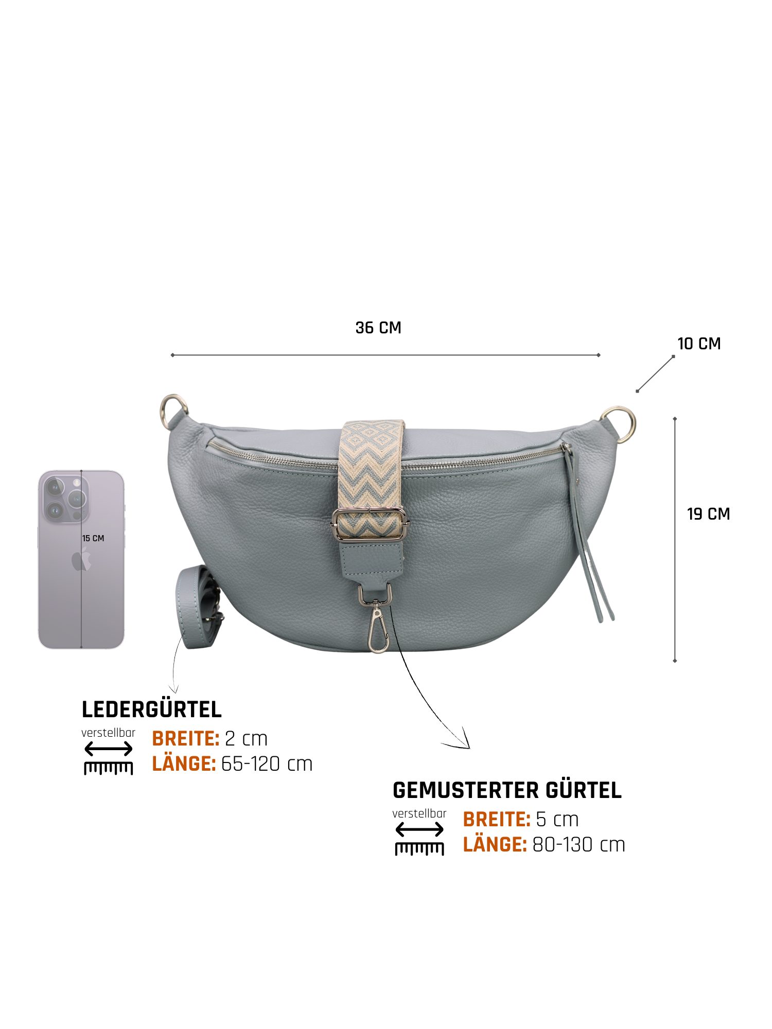 Adel Bags Schultertasche EMMA XL Umhängetasche Crossbody Bag Gürteltasche mit 2 Riemen, echtes Leder, hergestellt in Italien