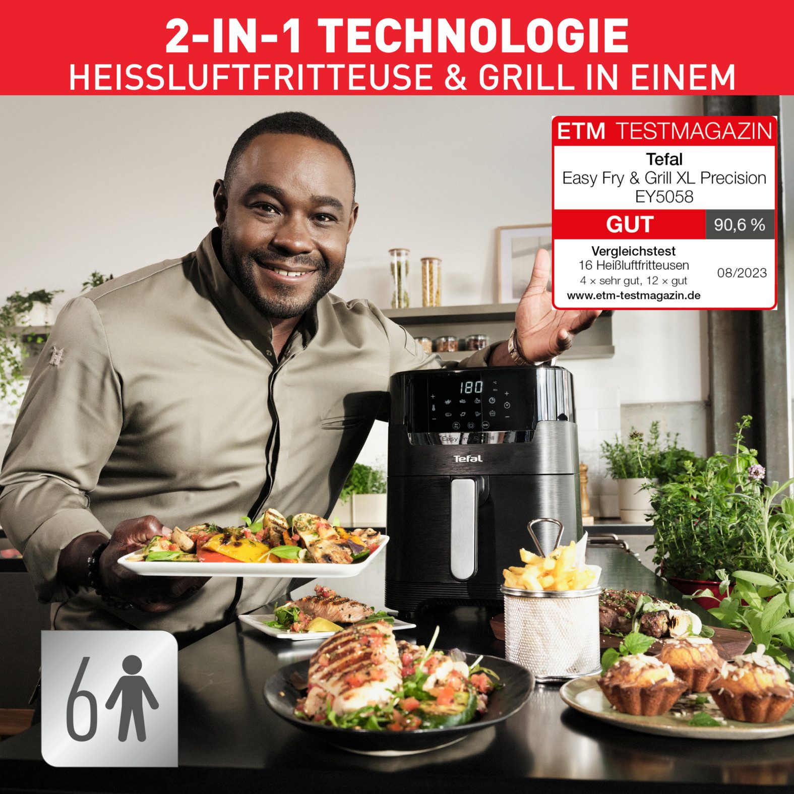 Tefal Heißluftfritteuse Easy Fry & Grill Precision, 2-in-1 Heissluftfritteuse & Grill, 1550 W, XL Kapazität, 8 Programme, weniger Fett, Druckguss-Grillrost, EY5058