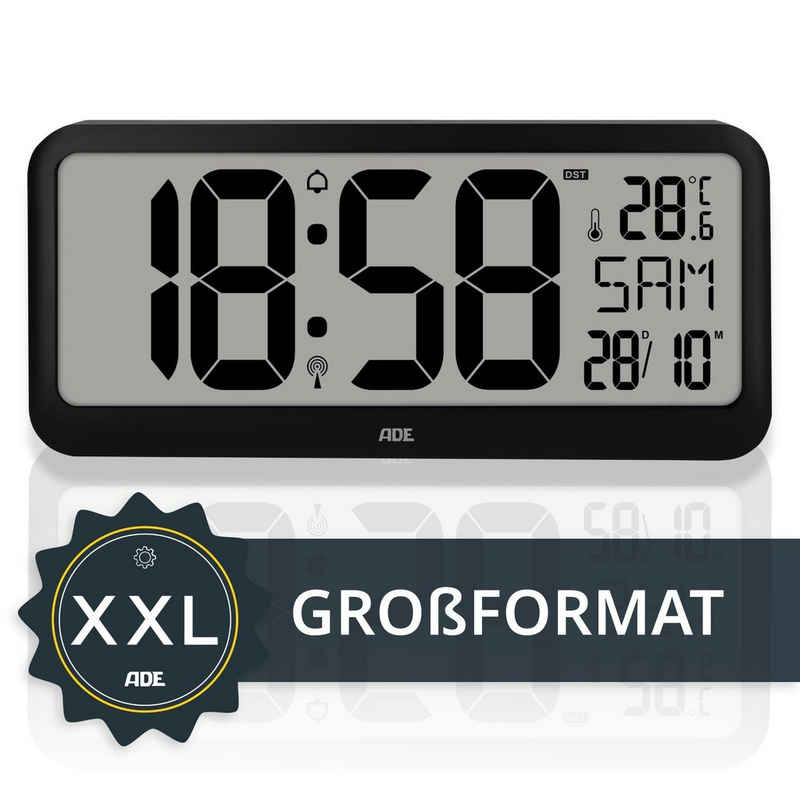 ADE Funkwanduhr Digitale Wanduhr XXL schwarz, zum Aufstellen, mit Alarm, mit Batterie (Temperaturanzeige, lautlos, ohne Tickgeräusche, perfekt für Senioren)
