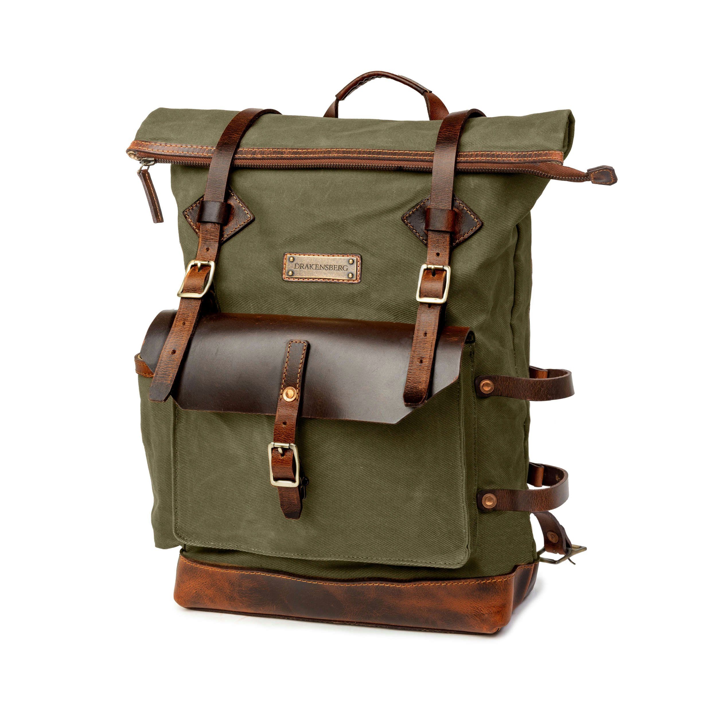 DRAKENSBERG Wanderrucksack Roll-Top »Adam« Wald-Grün, wetterfester Vintage Rucksack aus gewachstem Canvas und Leder, robust