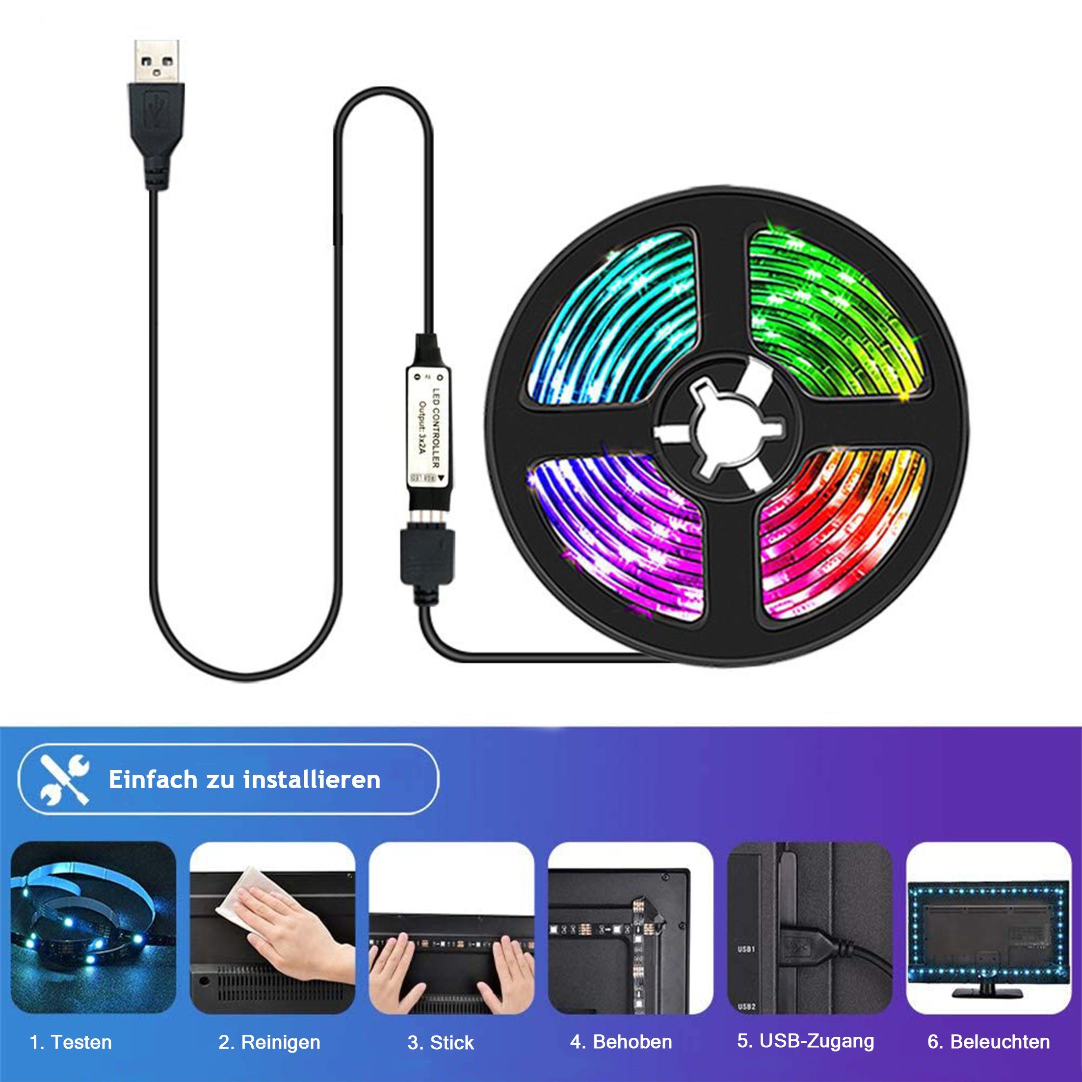 LANOR Stripe LED Lichtleiste,LED-TV-Licht,USB-Schnittstelle,24-Tasten-Fernbedienung