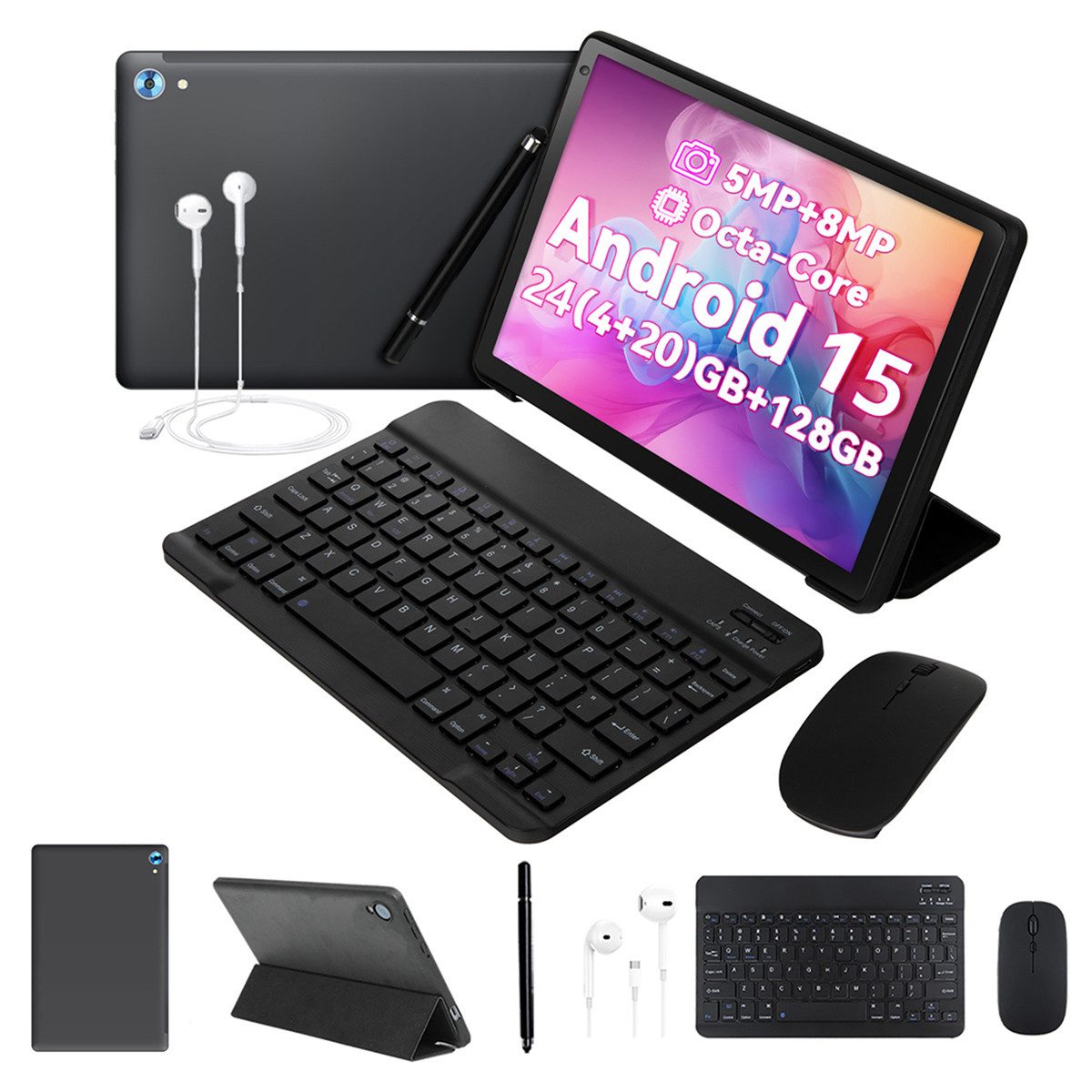 Happybe 10 Zoll 128GB 8-in-1 Kit mit Tastatur, Stift und Hülle Set Android 15 Tablet (10", 128 GB, Android, Widevine L1, mit Blaulichtfilter, WLAN 6 BT 5)