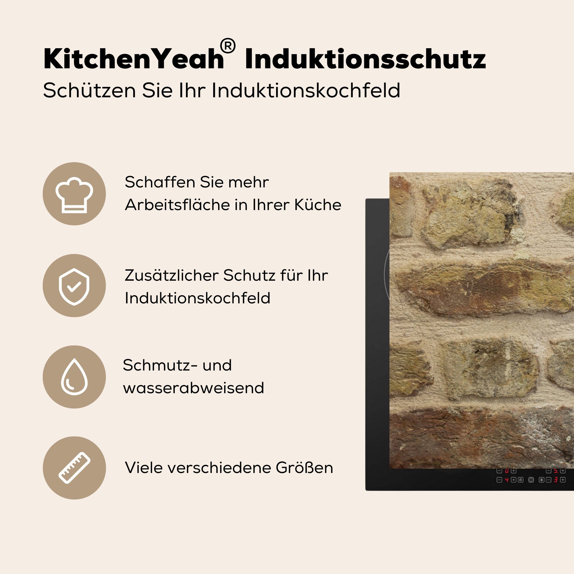 Backsteinmauer, für Arbeitsplatte küche Ceranfeldabdeckung, cm, tlg), (1 Vinyl, 78x78 Herdblende-/Abdeckplatte Antike MuchoWow
