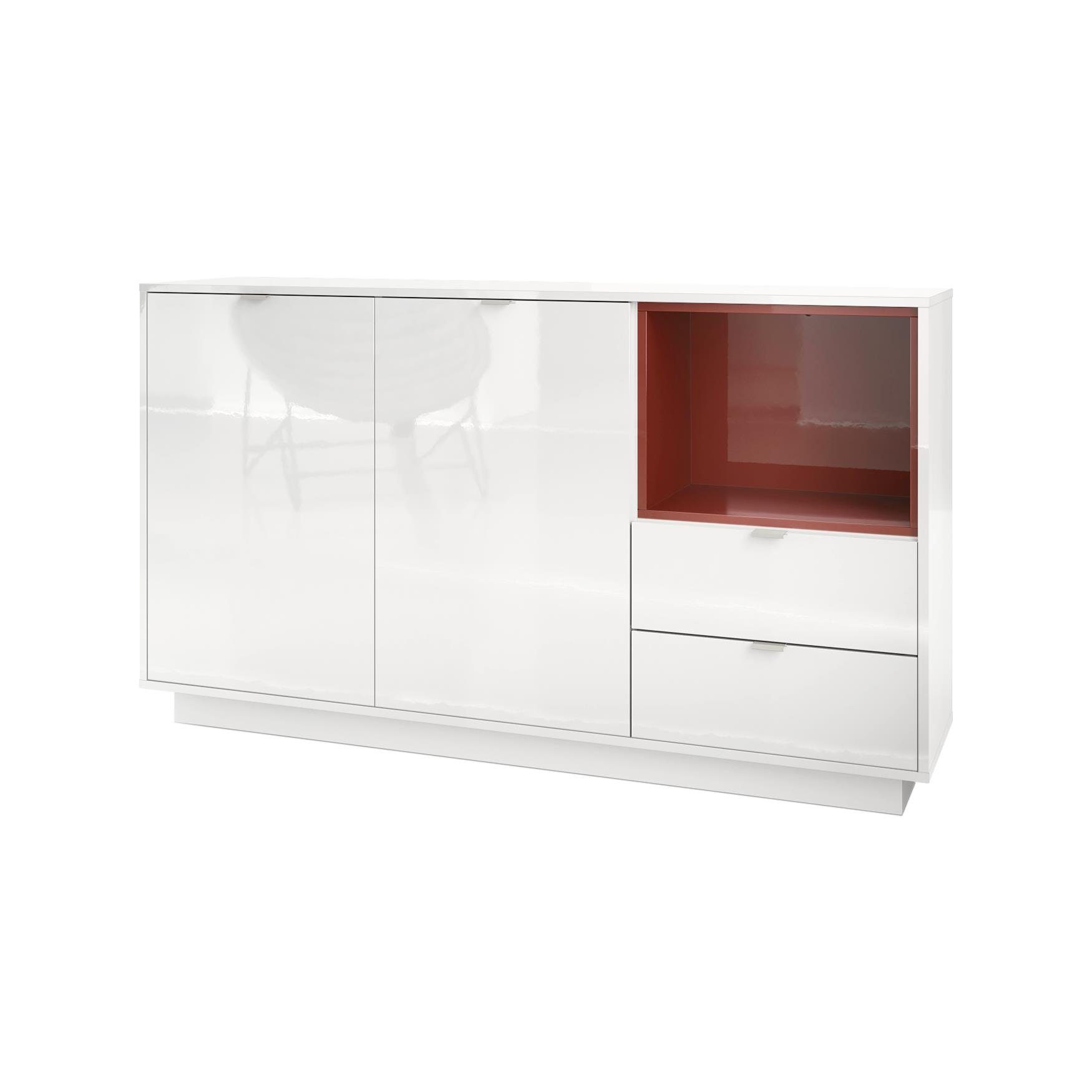 Vladon Sideboard Metro (Kommode, mit 2 Türen, 2 Schubladen und 1 offenem Fach), Weiß Hochglanz/Bordeaux Hochglanz (153 x 88 x 38 cm)