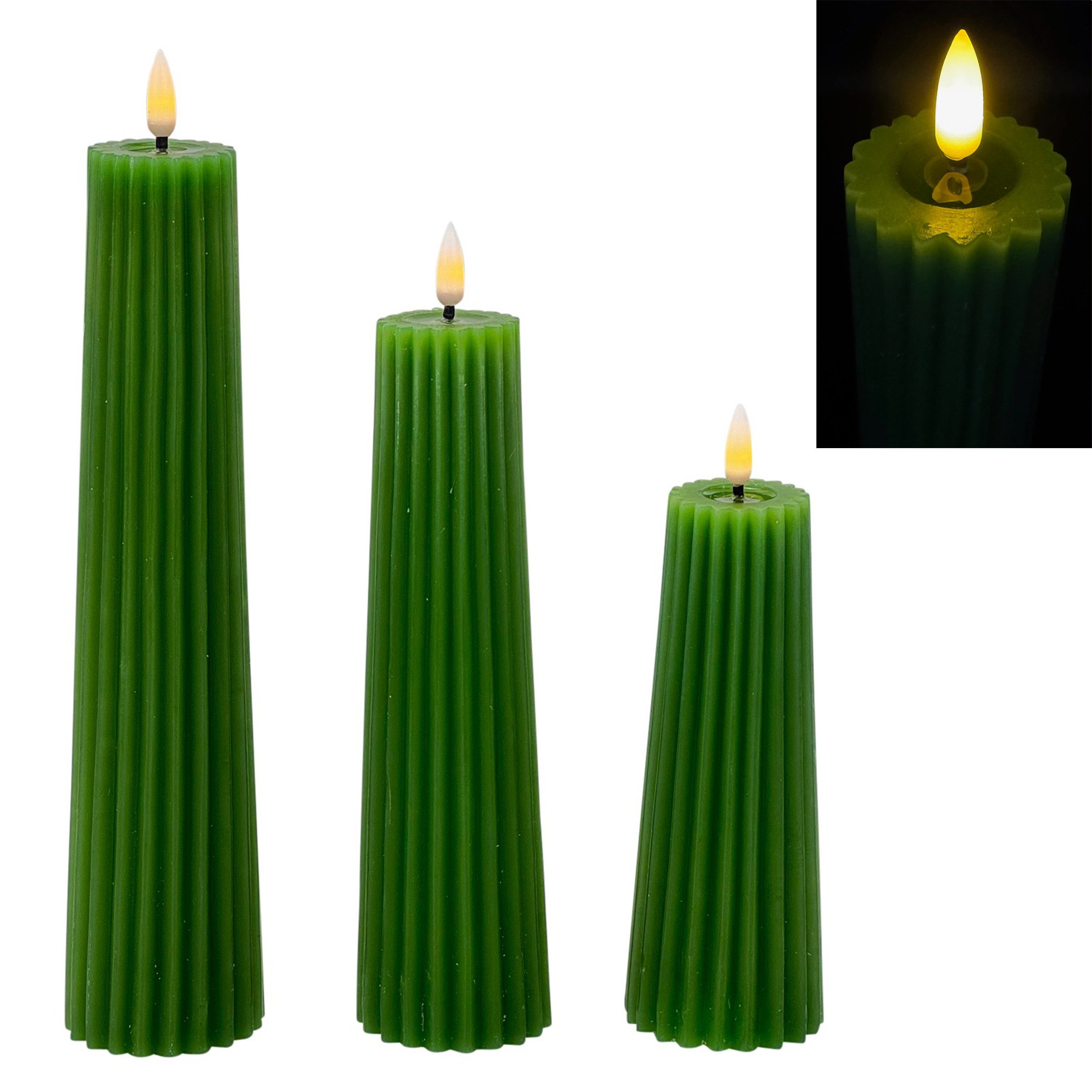 LED-Kerze - 3er Set LED-Kerzen XL im Rillen Design mit 6-Stunden Timerfunktion