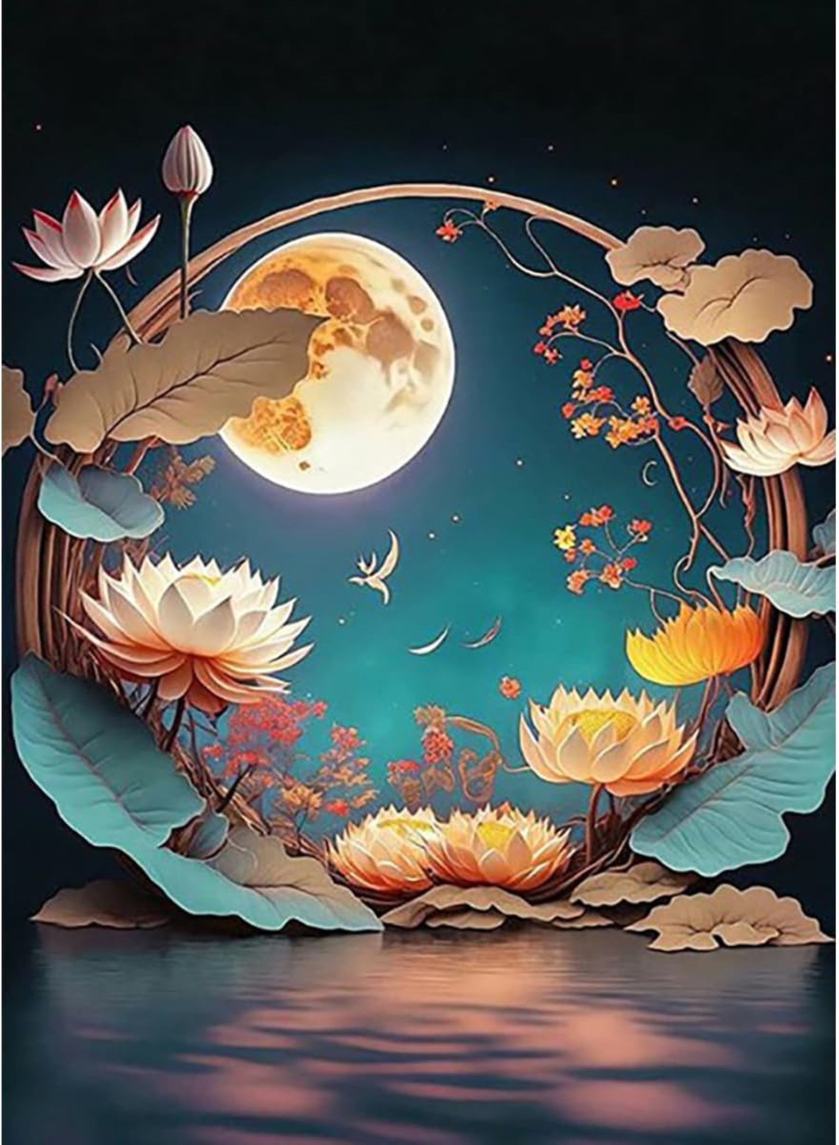 LA CUTE Malen nach Zahlen 5D Diamant Painting Yin-Yang Mond Blumen Set DIY-Dekoration 30x40cm (Kreativset zur Wanddekoration für Erwachsene & Kinder, DIY 5D Diamond Painting Set mit Zubehör & Vollbohrung), Selbstklebende Leinwand & leuchtende 5D Harzdiamanten