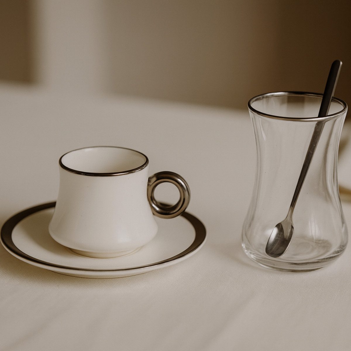 Teeglas -Espresso Set 24 teilig Weiß Silber inkl. Löffel und Untertasse