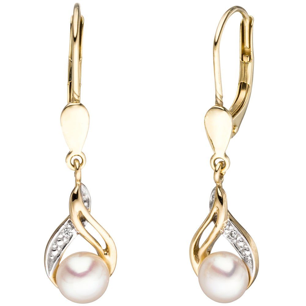 Schmuck Krone Paar Ohrhänger Boutons Ohrringe Ohrhänger Perlen & Diamanten & 585 Gold Gelbgold Damen, Gold 585