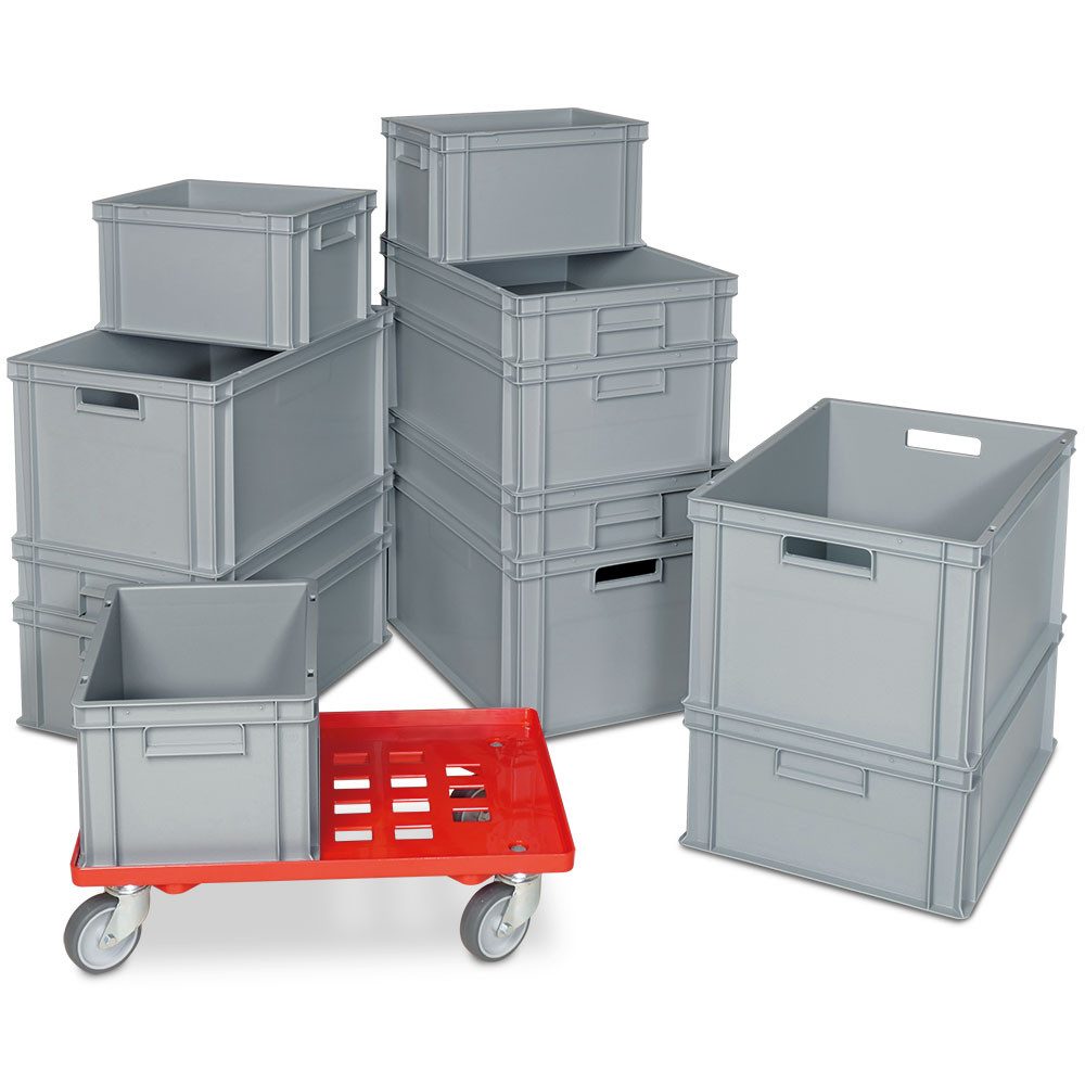 BRB-Lagertechnik Stapelbox BRB Set mit 12 Euro-Stapelbehältern in 4 Größen + 1 Transportroller, Stoßfest, robust und formstabil