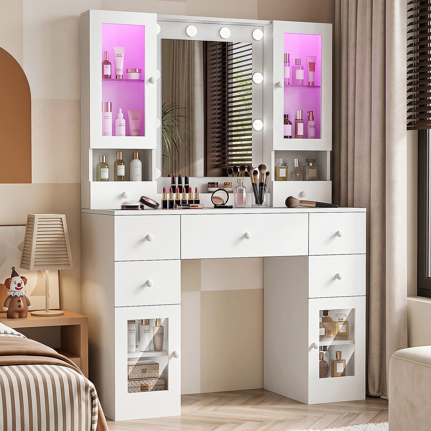 oyajia Schminktisch mit Spiegel und LED-Leuchten, Steckdosenleiste, 5 Schubladen (1 Schränke, 10 dimmbare Glühbirnen, 3 Lichtfarben, 107.5x40x155.5cm), für Ihr perfektes Make-up-Erlebnis