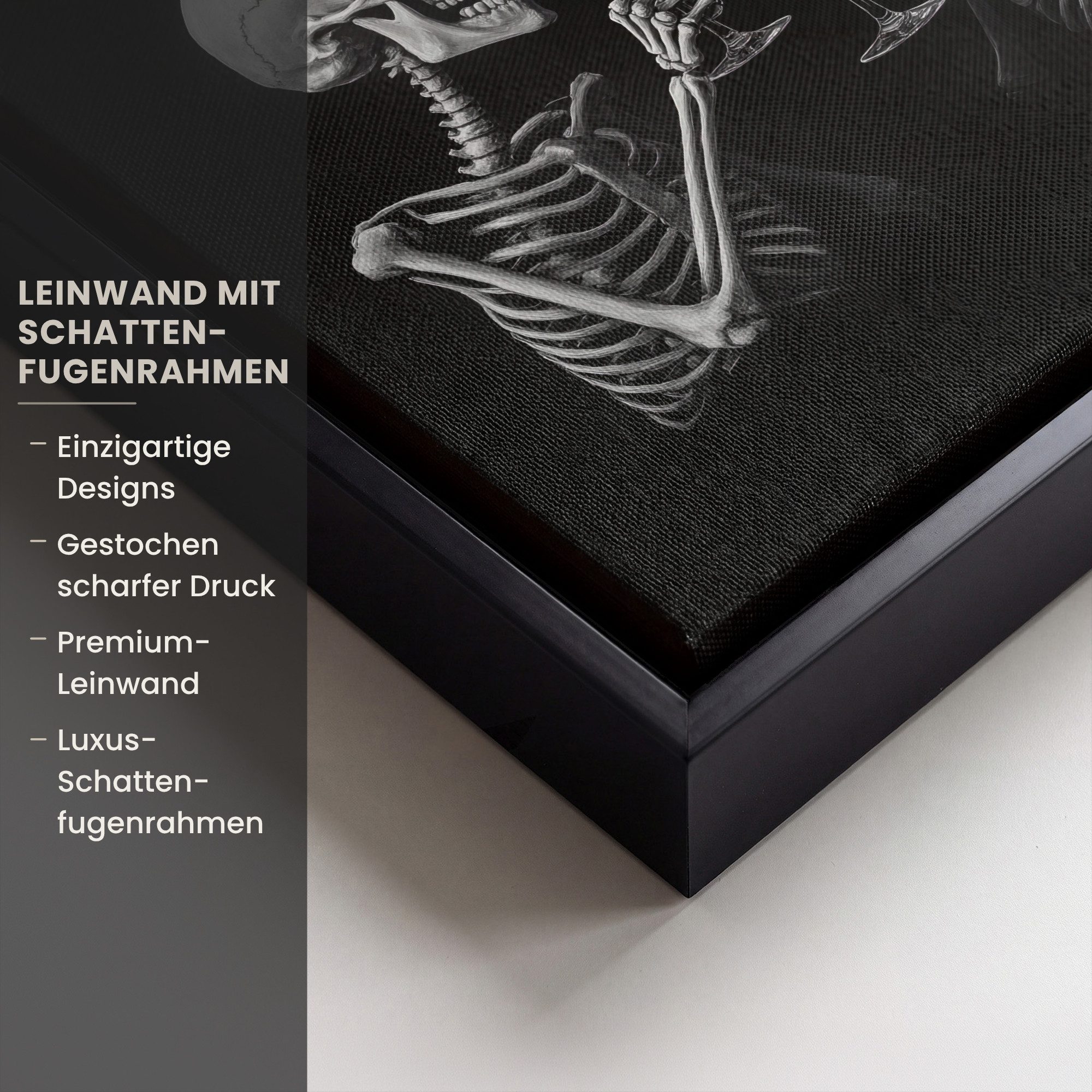 OneMillionCanvasses® Leinwandbild mit Rahmen - Skelette - Wein - Prost - Totenkopf - Schwarz, Fotodruck (1 St), Leinwand Bilder Klein, Wand Dekoration Aesthetic – Bild 3 von 5