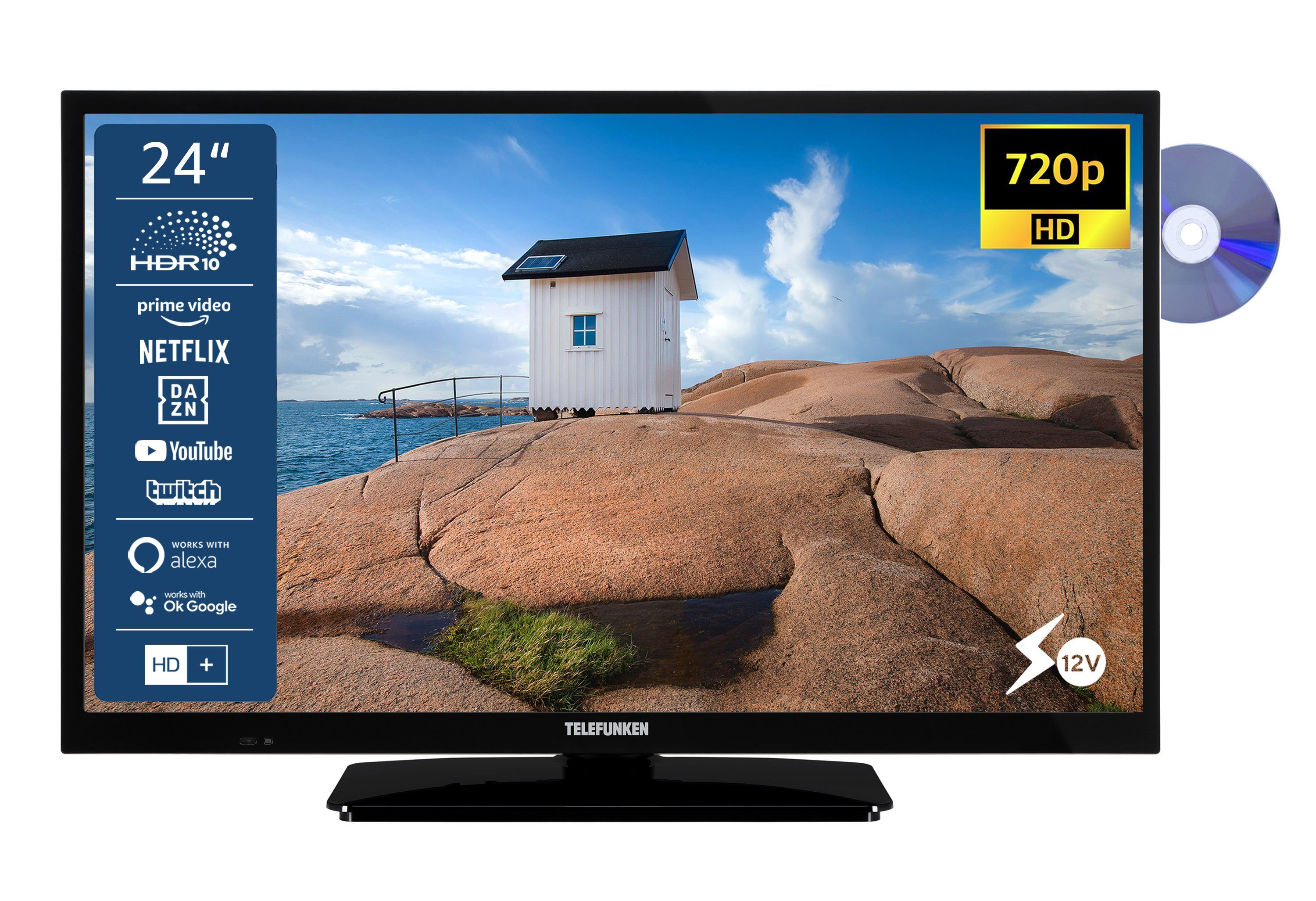 Telefunken XH24SN550MVD Zoll, Monate Volt (60 gratis) LCD-LED Smart 12 6 Anschluss, Triple-Tuner, DVD-Player, HD+ TV, cm/24 HD-ready, Fernseher