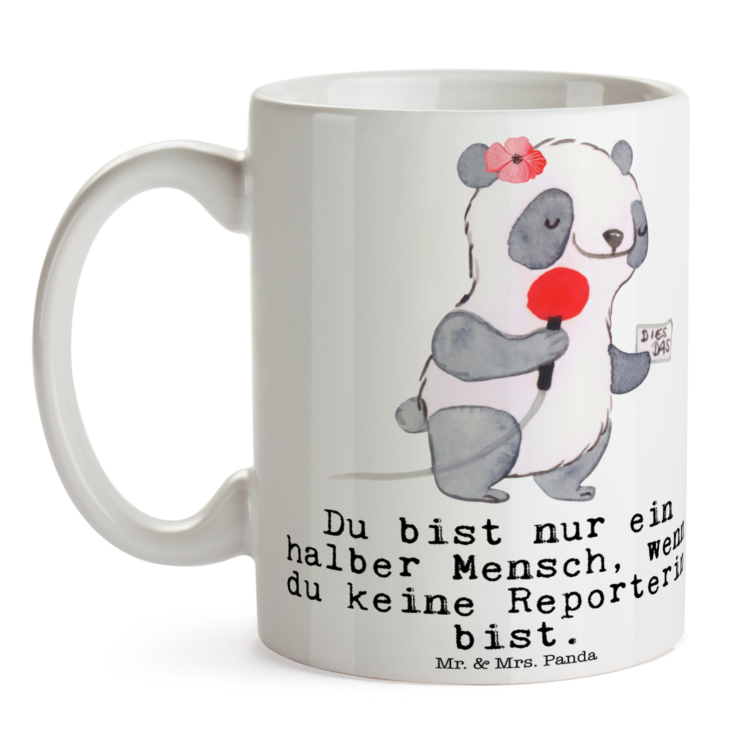 - - Kaffeet, Mr. Panda mit Tasse, Reporterin Weiß & Tasse Mrs. Herz Geschenk, Geschenk Rente, Keramik