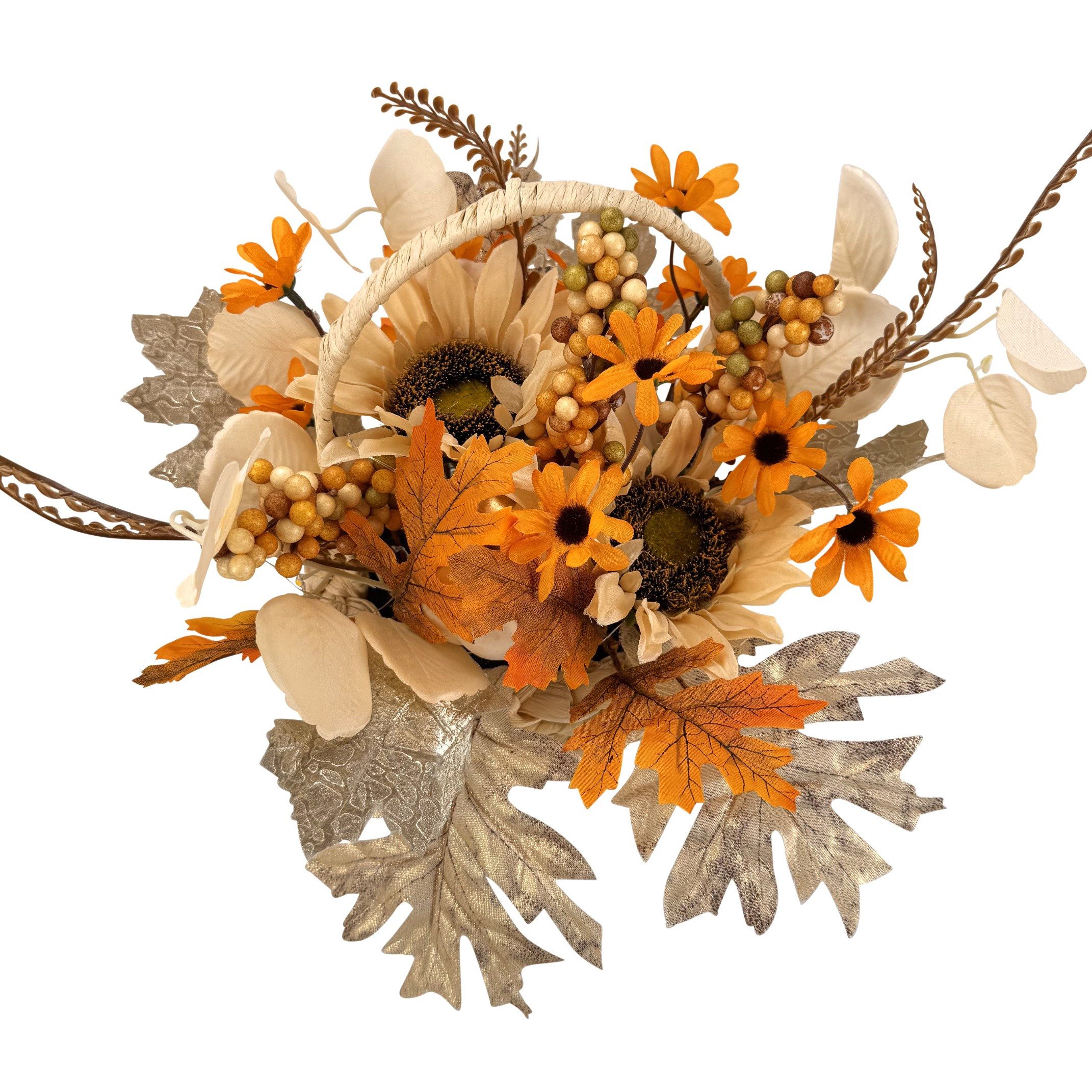 Kunstblumenstrauß - Deko Korb mit künstlichen Blumen & LED Lichterkette, Herbstdeko - Herbstlaub, Sonnenblumen, Crysanthemen, Online-Fuchs, herbstlicher Blumenk – Bild 2 von 4