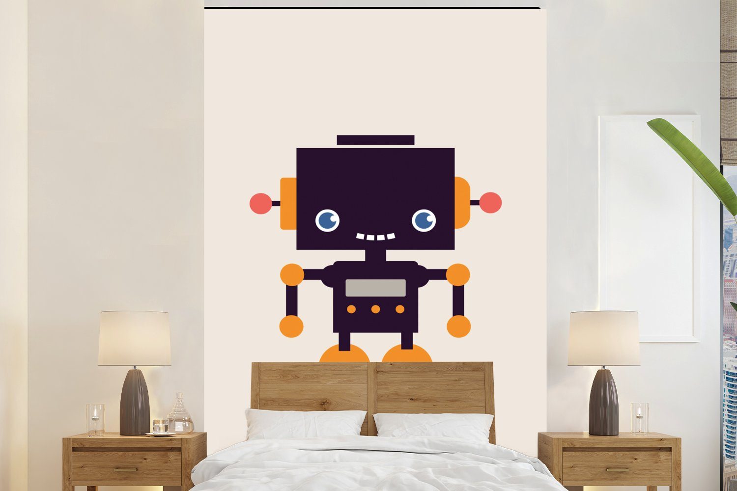 Orange - Kind - für St), MuchoWow - Roboter Beige (3 - Montagefertig bedruckt, Tapete Wandtapete Vinyl Kinder, Antenne - Wohnzimmer, Matt, Fototapete
