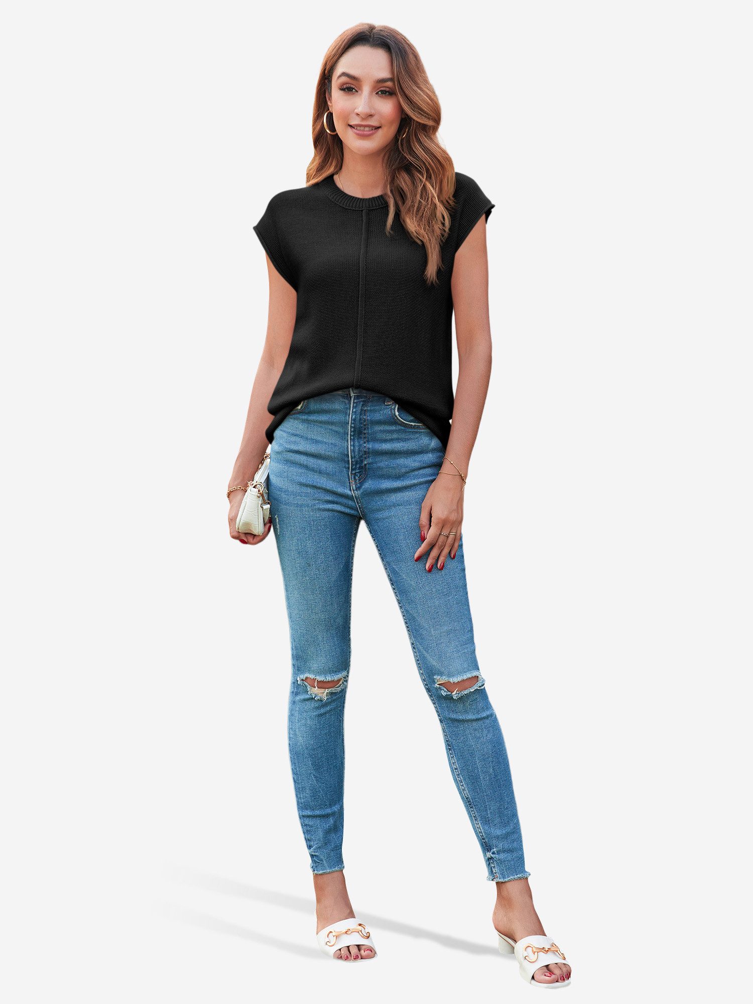 Imily Bela Stricktop Damen Cap Sleeve Kurzarm Rundhals Casual Loose Pullover (Packung, 1-tlg., 1per-Pack) gehäkelt in Unifarbe Teilungsnähte