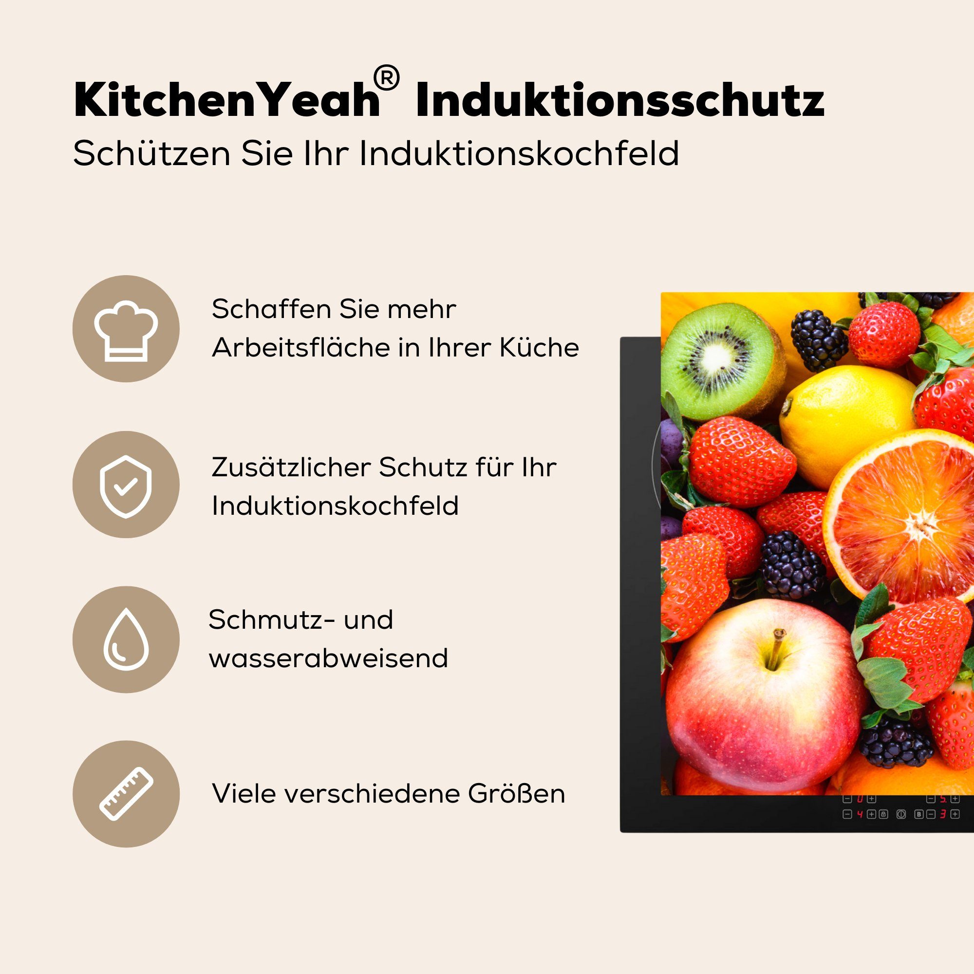 cm, küche, Zitrone MuchoWow (1 - für Ceranfeldabdeckung 81x52 Schutz Induktionskochfeld Vinyl, Erdbeere Herdblende-/Abdeckplatte Obst, tlg), - die