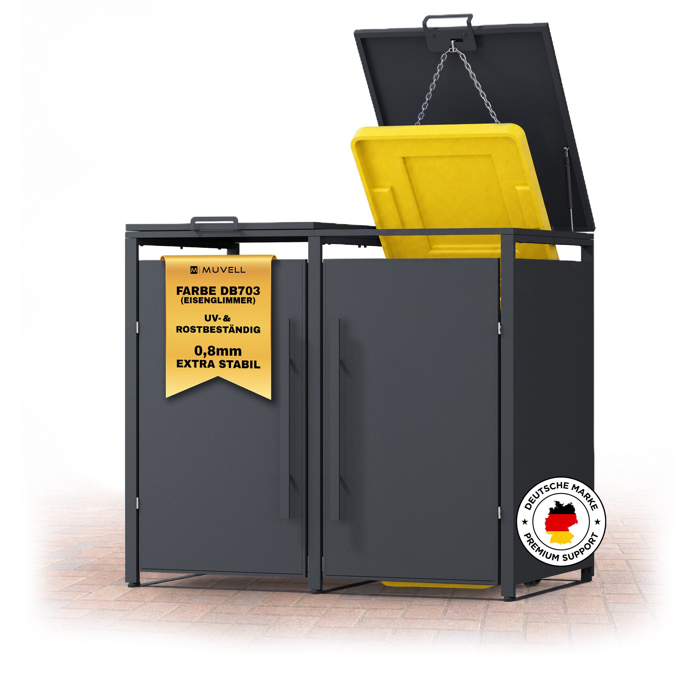 MUVELL Mülltonnenbox 2er Set 120l / 240l Mülltonnenverkleidung wetterfest DAVID (MTB2D - Outdoor Schrank wetterfest, 2 St., Mülltonnengehäuse), feuerverzinkt, pulverbeschichtet, rost- & UV-, korrosionsbeständig